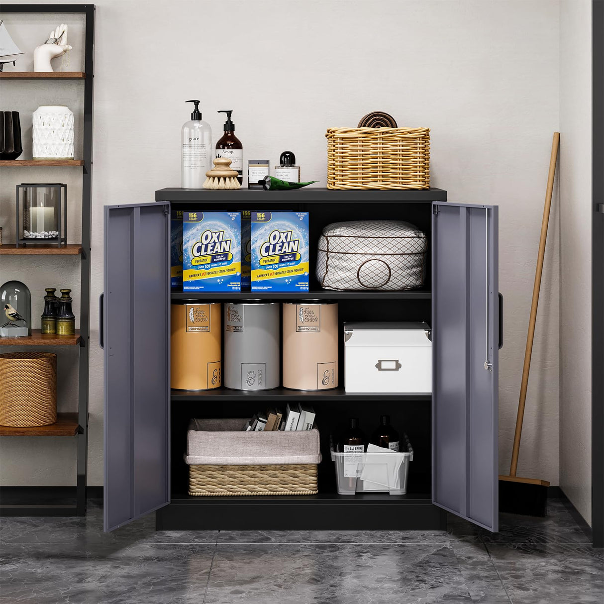 MIIIKO Metal Storage Cabinet, Base Cabinets 2 Door, Steel Storage Cabinets with Locking Doors and Shelves for Garage, Kithen, Home Office and Classroom MIIIKO