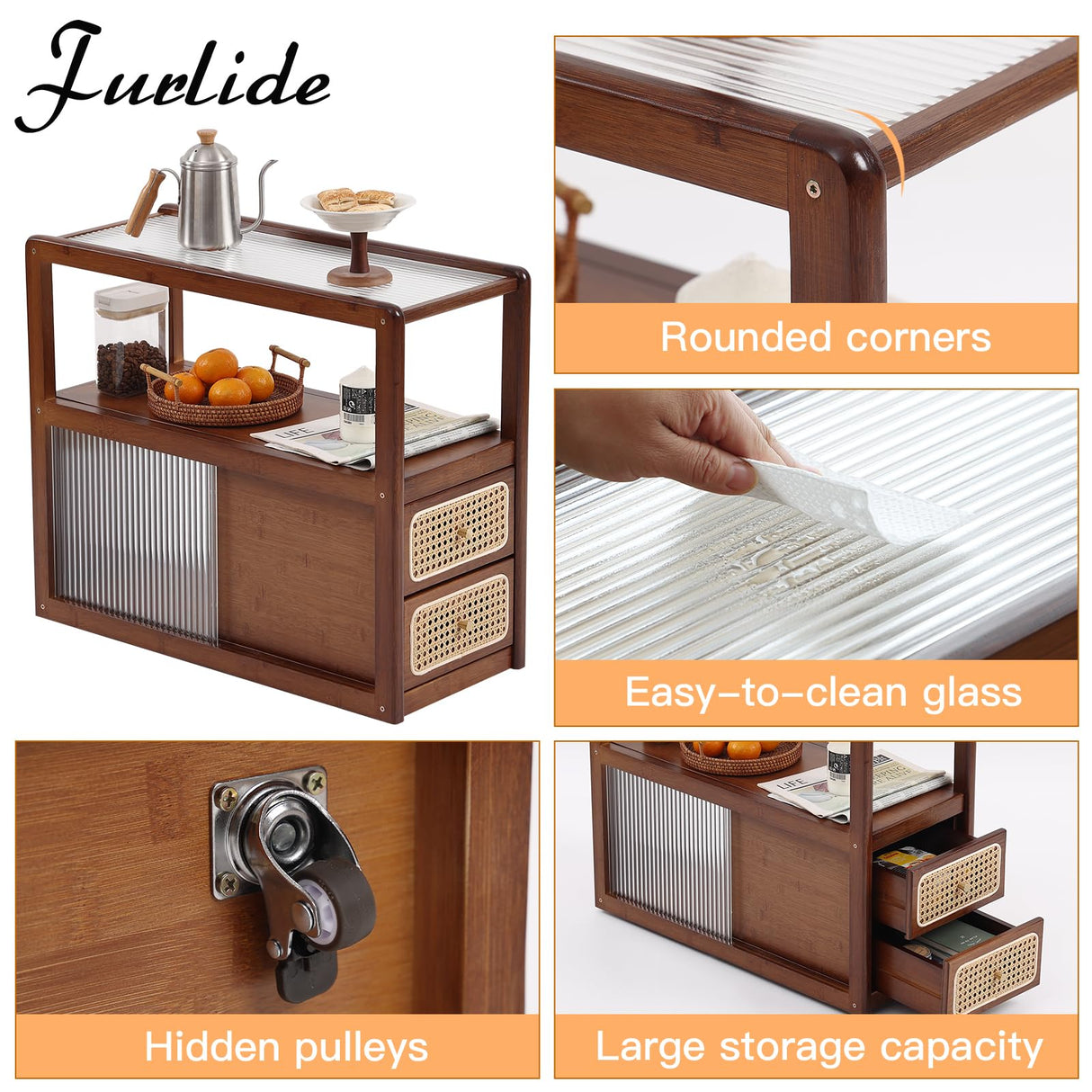 Furlide Rattan Side Table with Storage, Bamboo Nightstand Bedside Table, Glass Mid Century Modern End Tables for Small Spaces, Living Room, Bedroom,Walnut Furlide