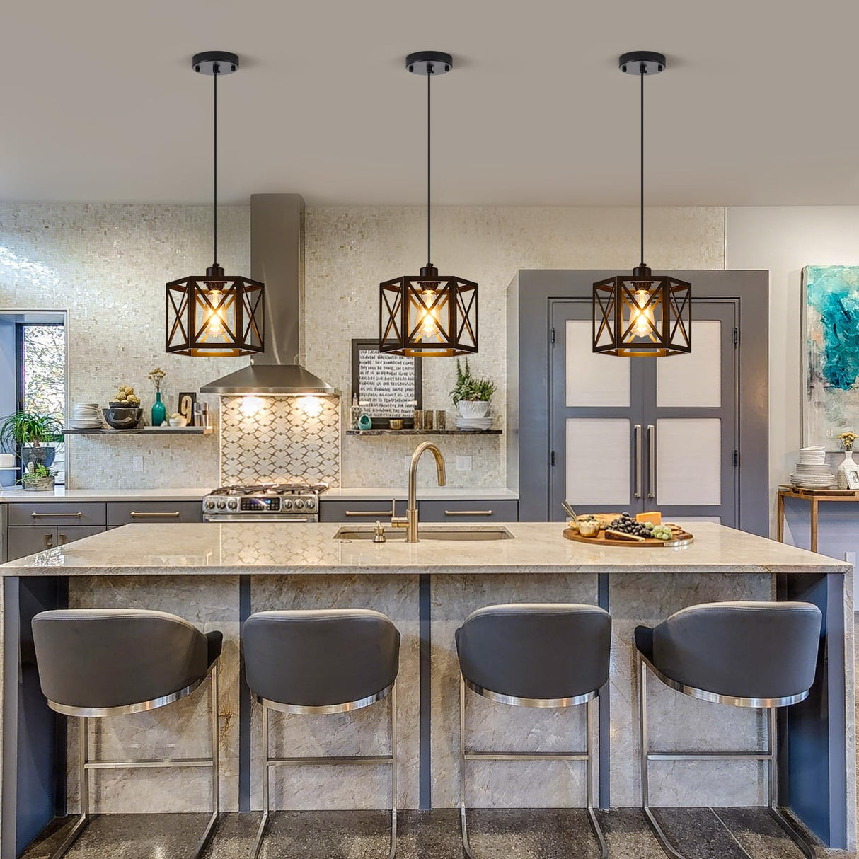 XSDeTu 2 Pack Farmhouse Pendant Lights, Modern Black Hanging Light Fixture with Hexagonal Cage, Industrial Metal Ceiling Lights, Adjustable Lantern Pendant Lighting for Kitchen Island Sink Hallway XSDeTu