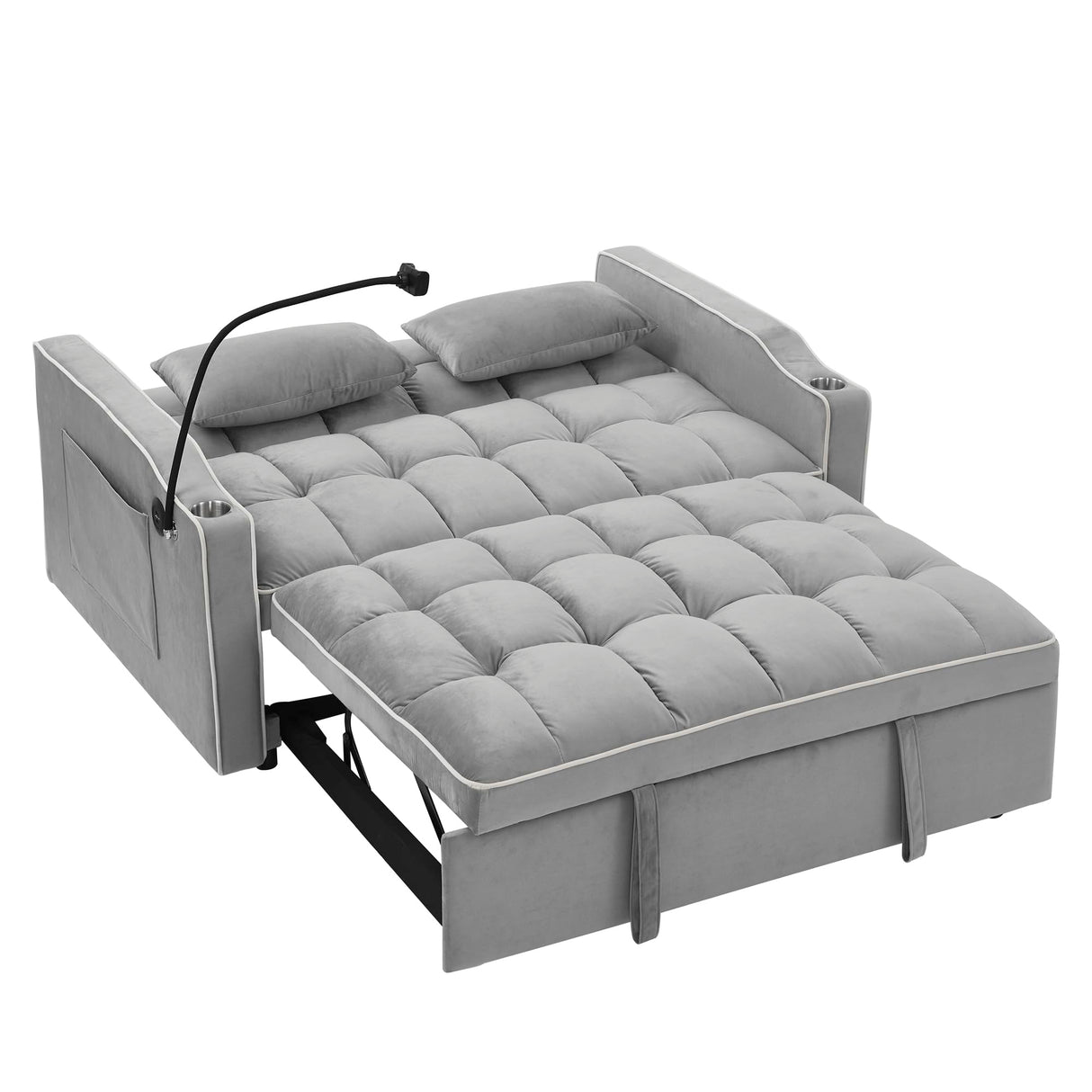 Foldable Sofa Bed with 2 USB Charging Ports, Pull Out Velvet Loveseat Sleeper with Phone Holder, Modern Futon Couch with Cup Holders & Adjustable Backrest for Living Room,Grey Merax