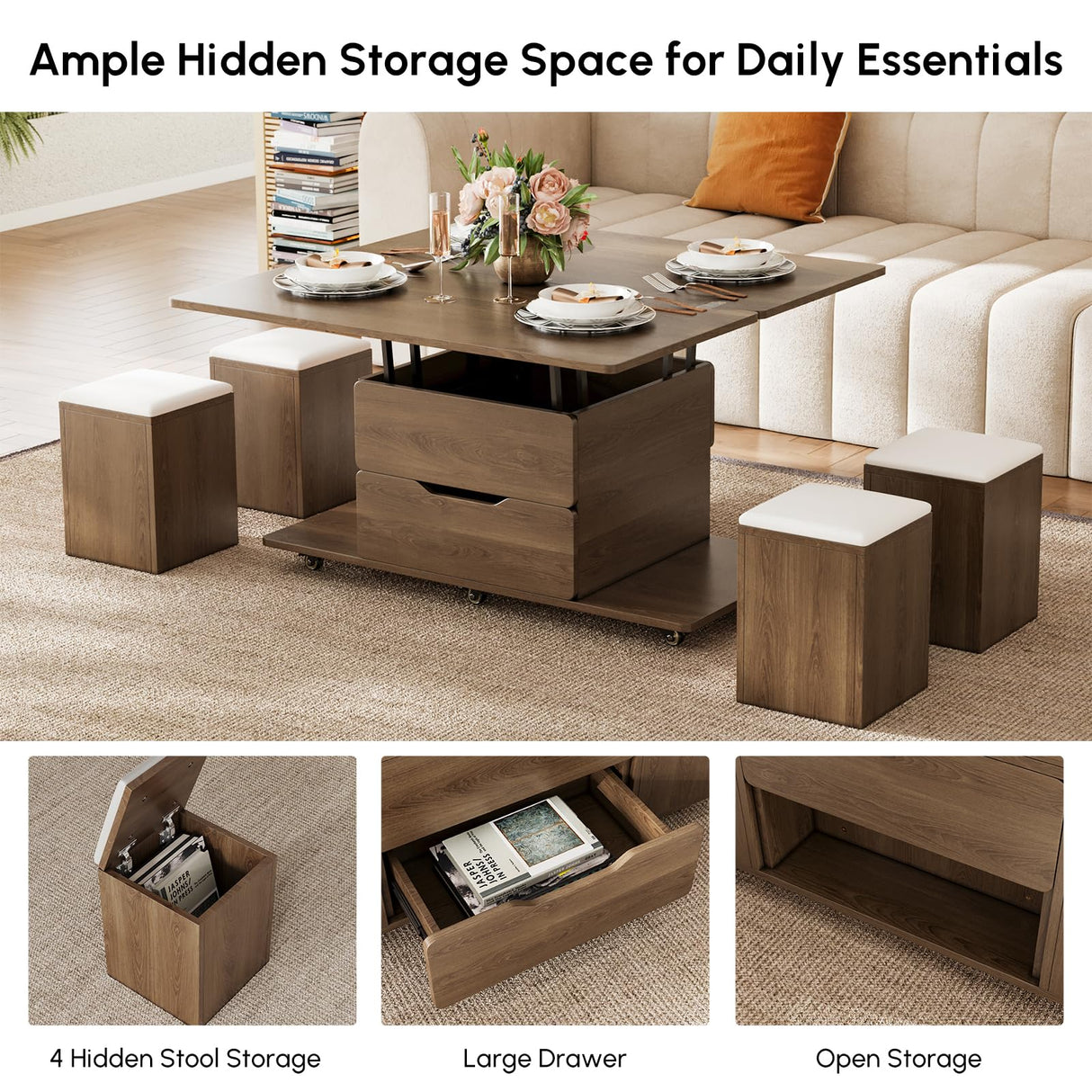 homary Lift-Top Coffee Table with Hidden Storage, 3-in-1 Modern Folding Center Table with 4 Stools, Casters, and Lockable Wheels – Convertible Dining & Office Table for Living Room (Walnut) homary