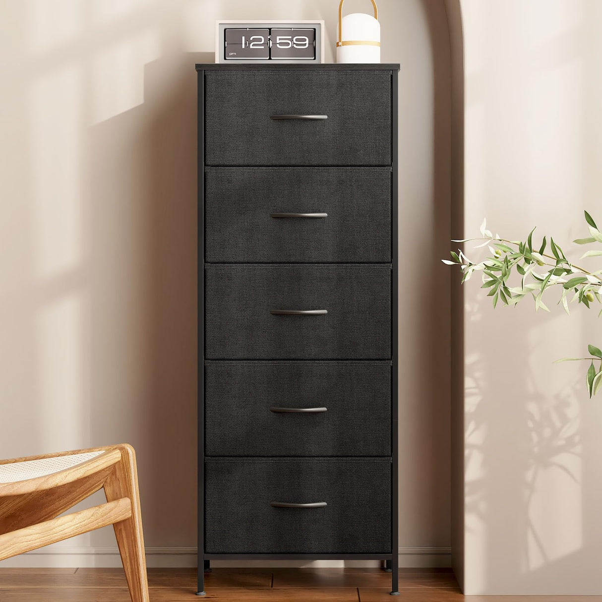 AODK Dresser for Bedroom with 5 Storage Drawers, 48" Tall Dresser Chest of Drawers Fabric Dressers with Sturdy Steel Frame, Black AODK