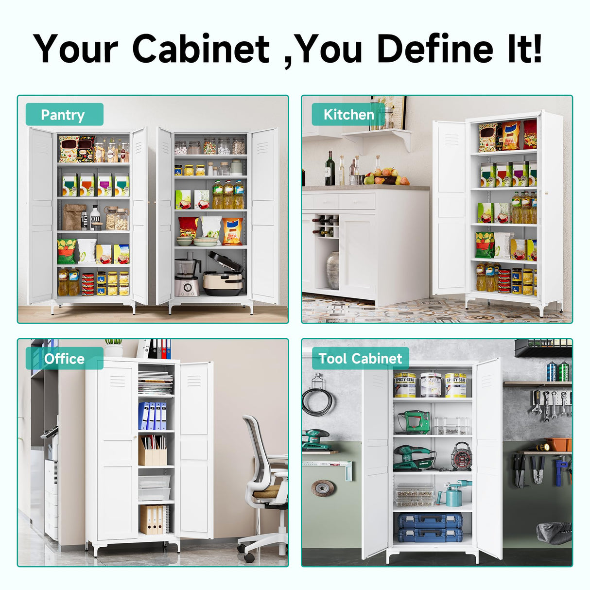 Metal Storage Cabinet with Doors and Shelves,White Storage Cabinet,Food Pantry Storage Cabinet,5 Tier Metal Pantry Cabinet,Tall Large Closet Cupboard for Home,Kitchen,Dining/Living/Laundry Room SISESOL