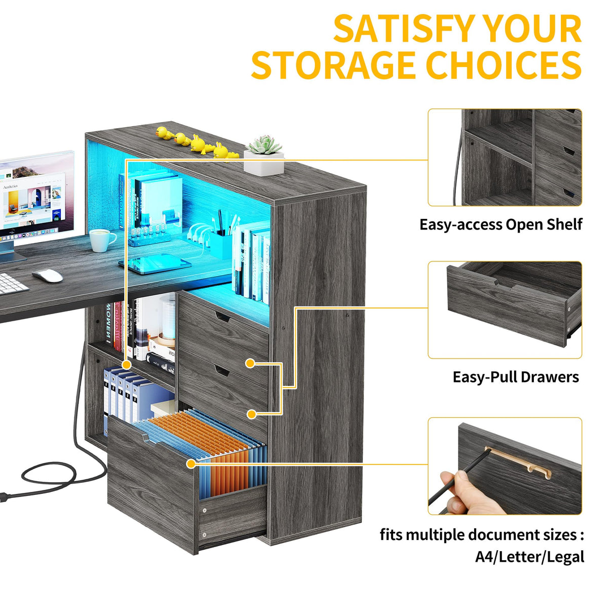 DWVO L Shaped Desk with Drawers & Power Outlets, 55" Computer Desk with Bookshelf, Corner Desk Home Office Desk with Storage Shelves & LED Lights, Grey DWVO