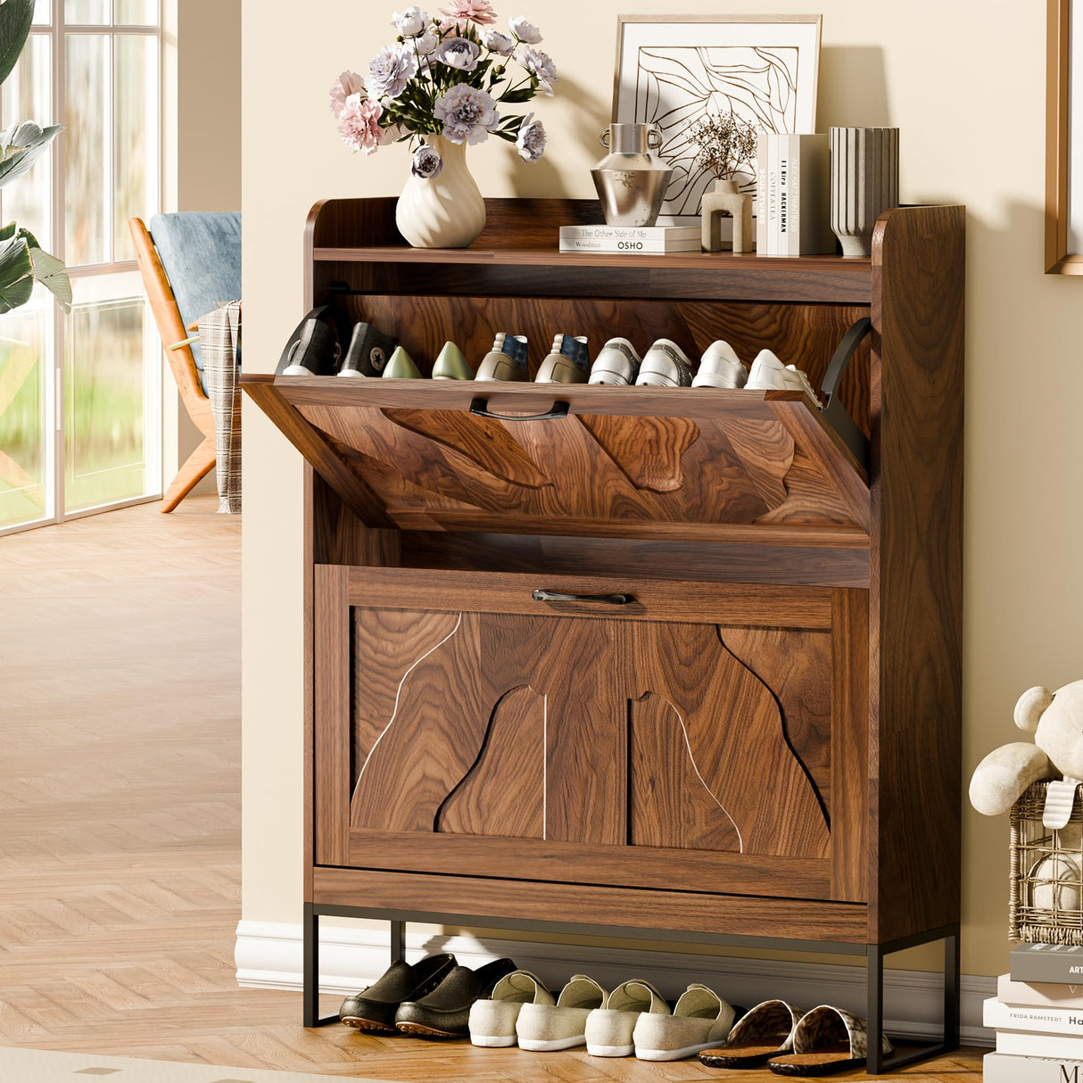 infurnic Shoe Storage Cabinet with 2 Flip Drawers, Narrow Shoe Cabinet for Entryway, Freestanding Organizer Shoe Rack Cabinet for Front Door Entrance Hallway Foyer, Walnut infurnic