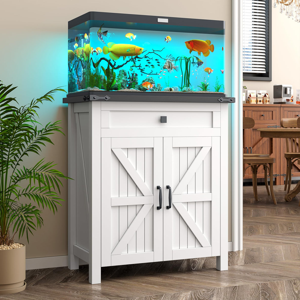 kepptory 20 Gallon Fish Tank Stand with Power Outlets, Farmhouse Decorative Aquarium Stand Furniture with Adjustable Shelves, 10-20 Gallon Reptile Turtle Tank Stand with Cabinet Storage (White, 20GL) kepptory