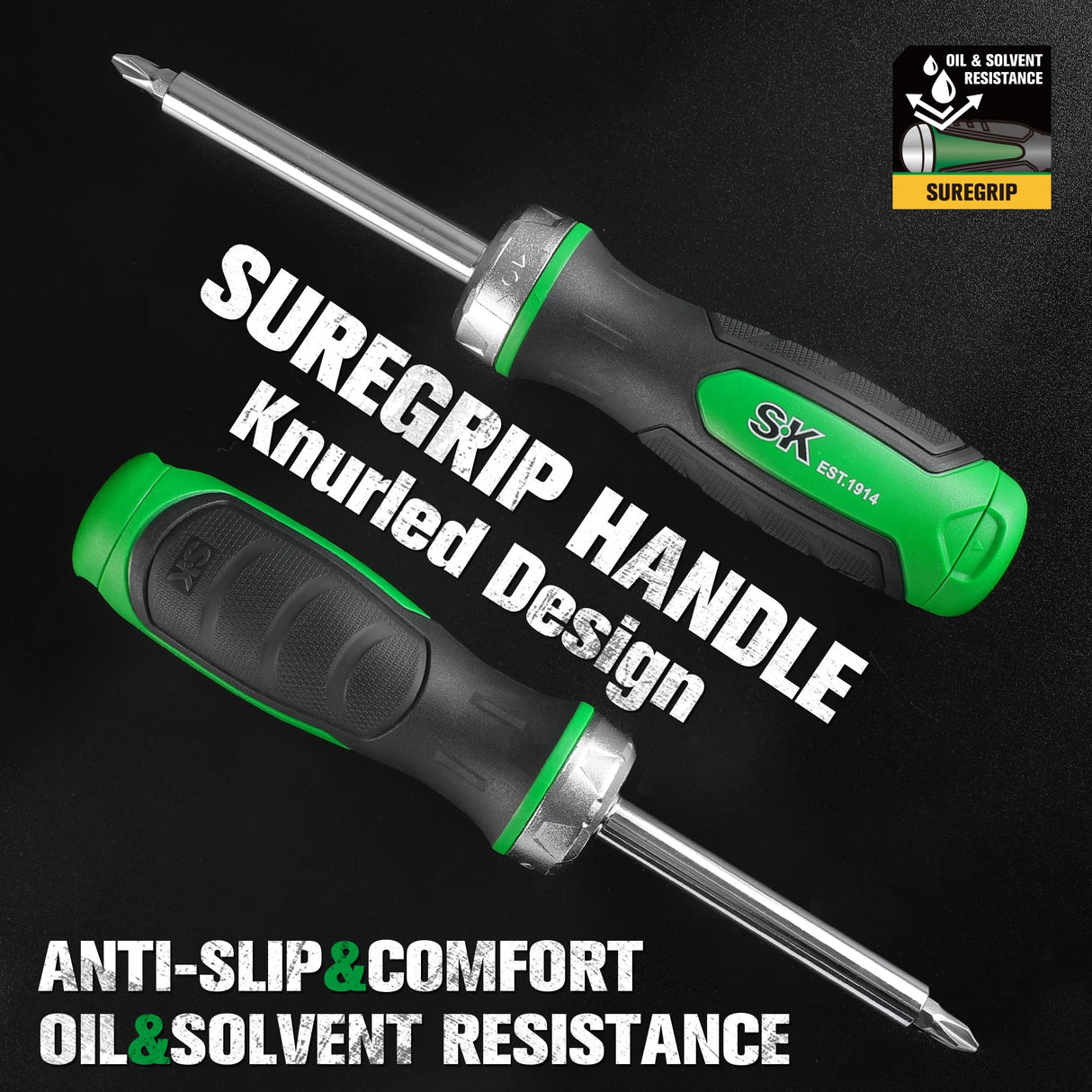 SK 7-in-1 Ratcheting Screwdriver, 216-P, 6 Bits (Phillips, Star, Slotted), 1 Nut Driver Size (1/4 Inch), S2 Steel, SureGrip Handle SK