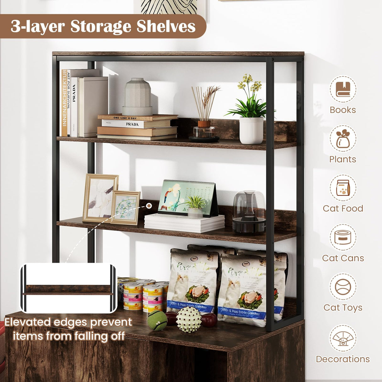 Tangkula Litter Box Enclosure with Shelves, Hidden Cat Washroom Cabinet with Storage, Winding Entry & Scratching Board, Versatile Litter Box Furniture (Rustic Brown) Tangkula