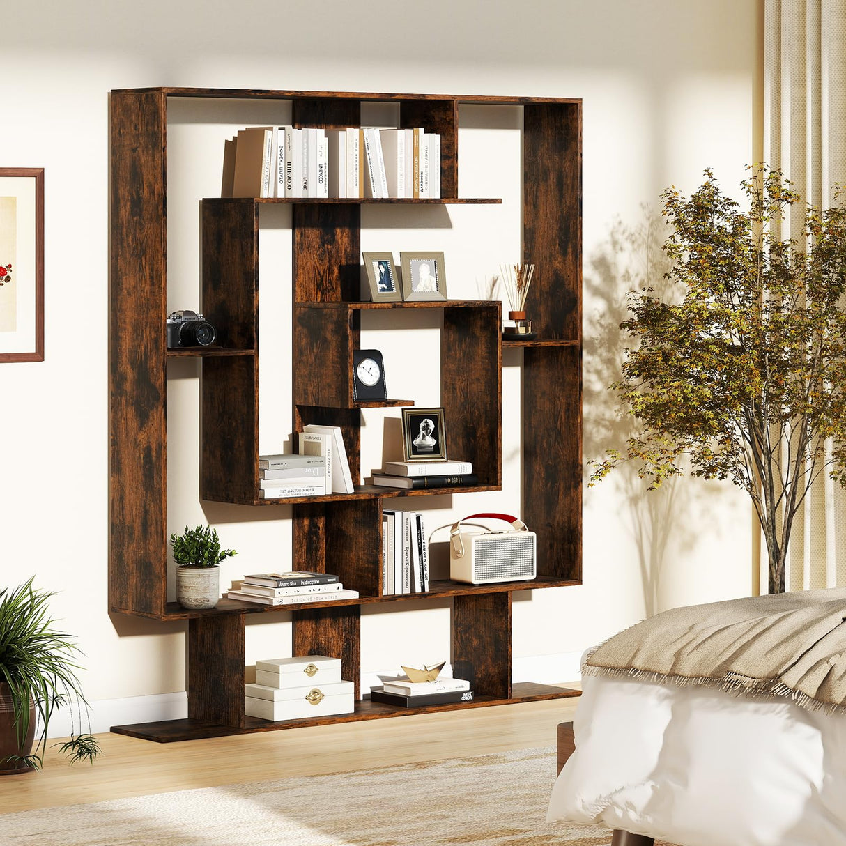 Tangkula Irregular Wooden Bookshelf, Geometric Bookcase w/Open Compartments & 2 Anti-Tip Kits, Decorative Freestanding Display Shelf, Modern Storage Organizer for Living Room, Office (Rustic Brown) Tangkula