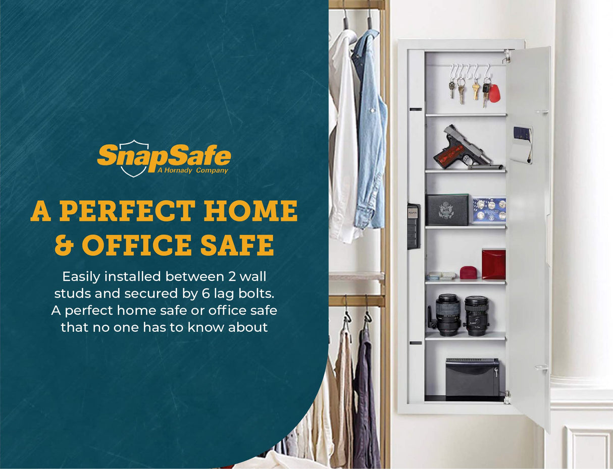 SnapSafe In Wall Tall Safe, Light Grey, 75414 - Hidden Gun Safe Provides Security for your Firearms & Valuables, Keypad Entry - Fits Between 2 Wall Studs, Flush Mount, Ideal for Home, Office SnapSafe