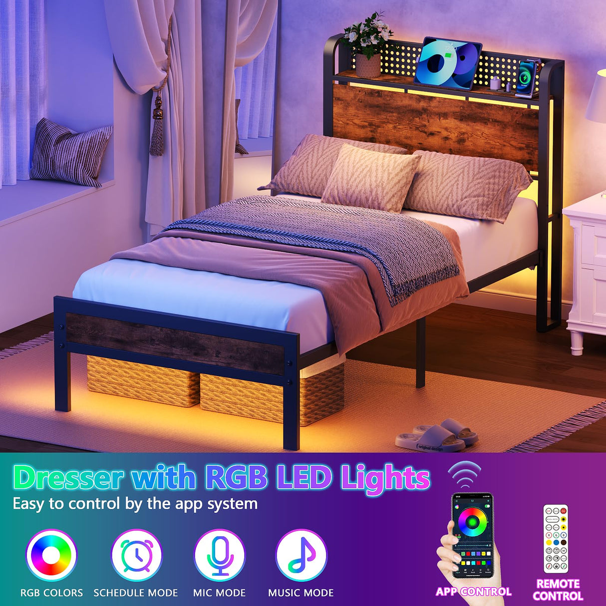 Furnulem Twin Bed Frame with LED Lights, Charging Station, and Under-Bed Storage in Rustic Brown Furnulem