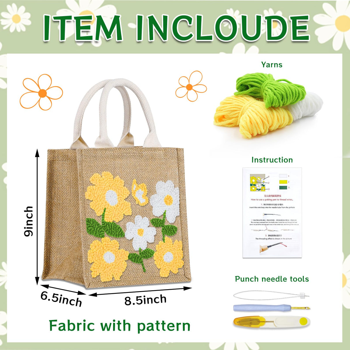 Groodo Punch Needle Kit for Beginners, Easy DIY Embroidery Set for Kids & Adults Complete Embroidery Tote Bag Set with Punch Needle Tool & Easy Instructions Groodo