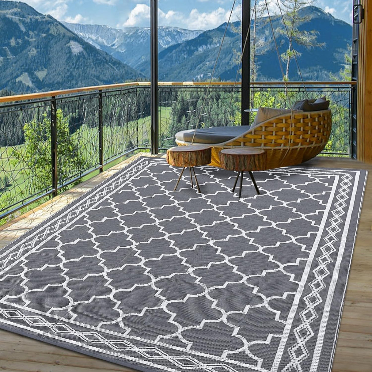 Garvee Outdoor Rug for Patio Clearance, 10 ft x14 ft Waterproof Large Camping Mat, Reversible Plastic Straw Rugs for RV, Camper, Balcony, Backyard, Picnic, Deck (Grey/White) Garvee