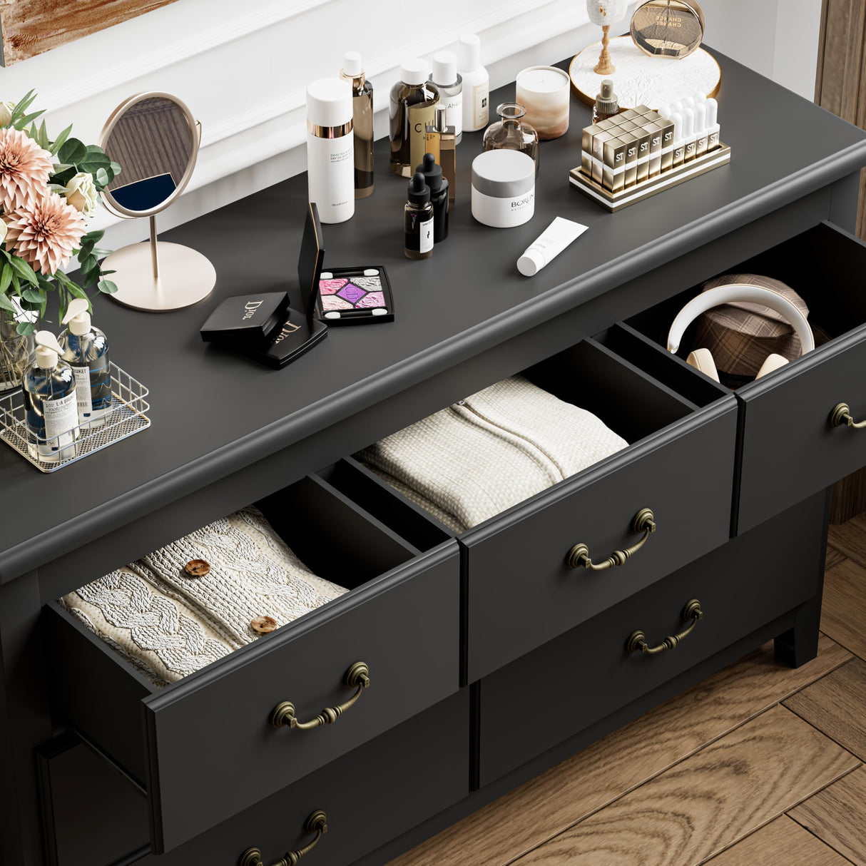 HOUROM Black Dresser for Bedroom, Modern Style 7 Drawer Double Dresser with Vintage Gold Antique Handles, Dresser and Chest of Drawers, Hallway 7 Drawer Dresser, Antique Black HOUROM
