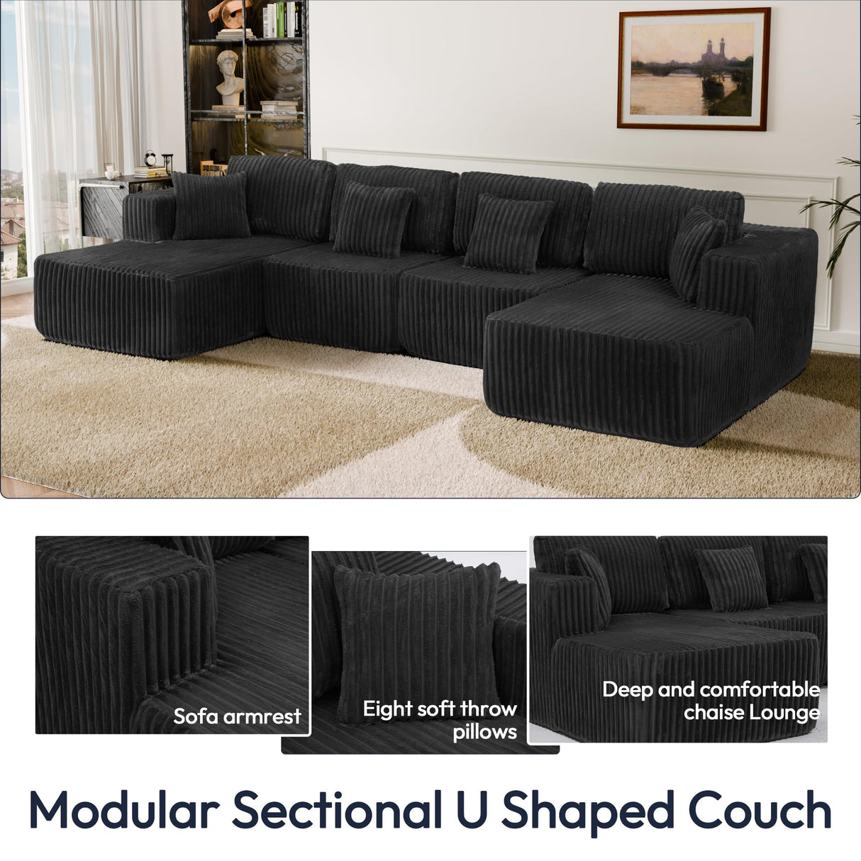 Trygoal 132" U Shaped Couch, Modular Sectional Sofa with Chaise, Corduroy U Shaped Boneless Couch with Deep Seat, Upholstered Modular Cloud Sofa for Living Room, No Assembly Required, Black Trygoal