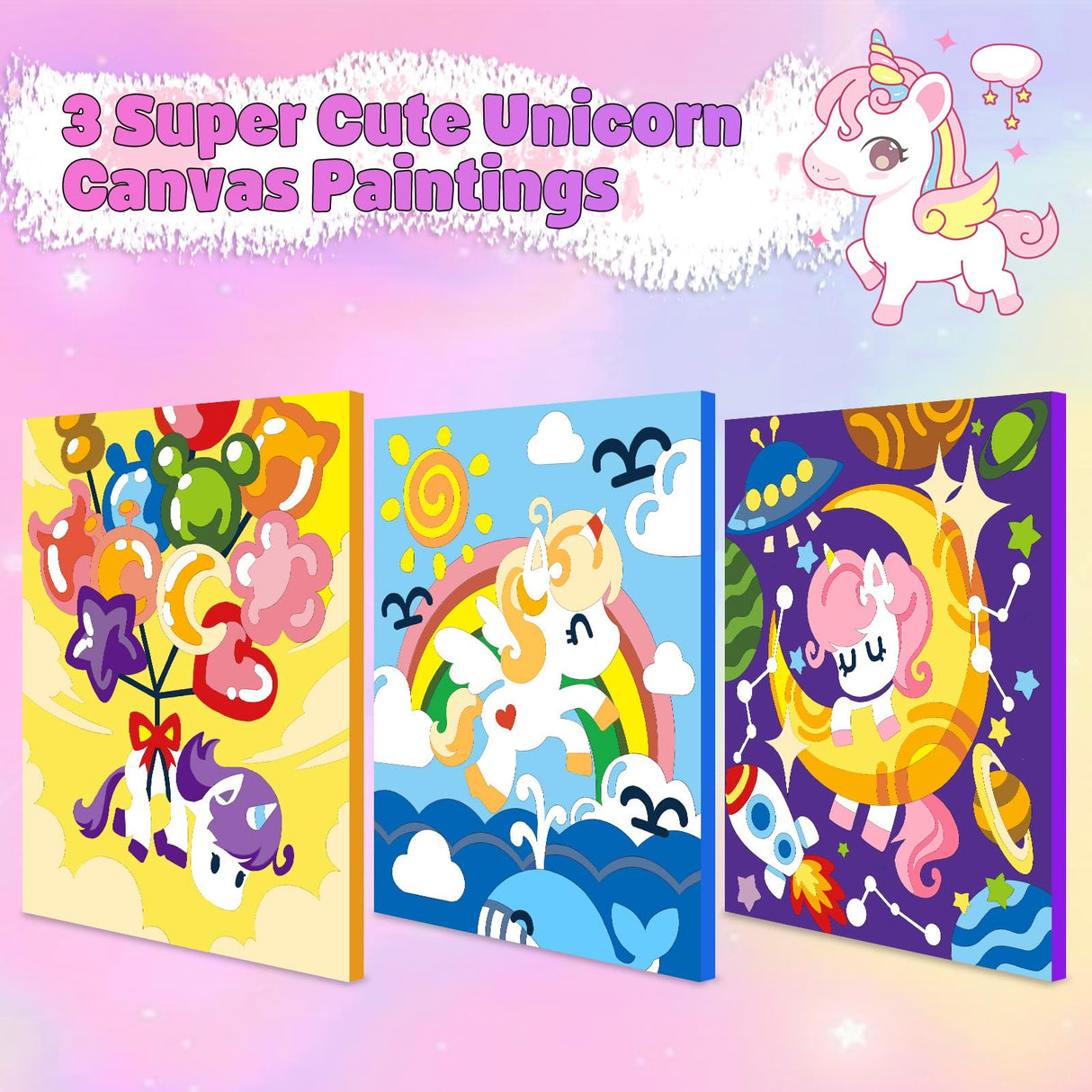 Wings Giant Unicorn Paint by Numbers Kit for Kids and Adults, 3 Pack Framed Canvas Painting Kit with Hooks, Arts and Crafts Unicorn Gift for Girls Birthday, Art Supplies Girls Ages 8-12 Wings Giant