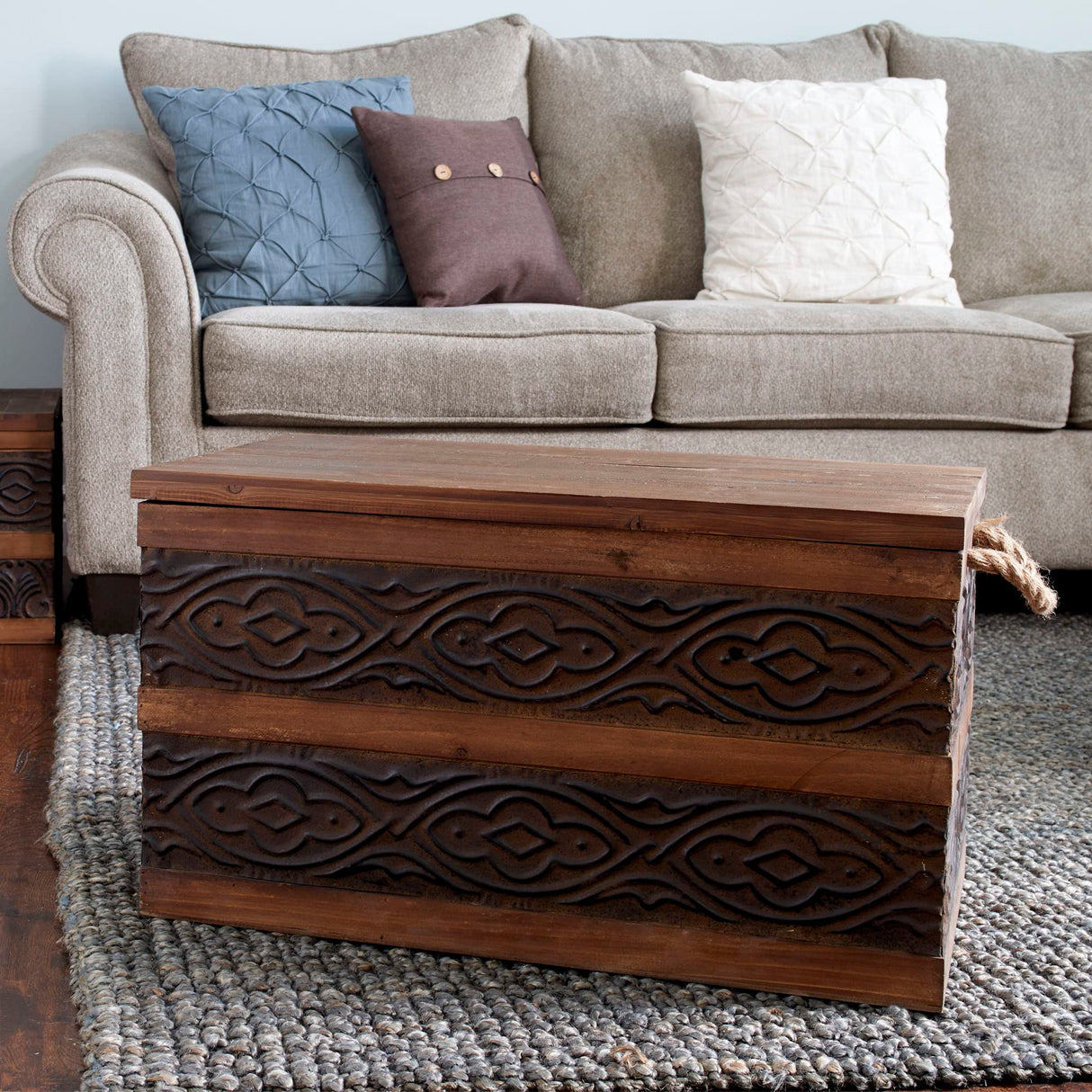 Household Essentials Decorative Trunk, Embossed Metal, Large, Chinese Fir Wood, Darkened Interior, Rope Handles, Flat and Fully Opening Lid, Handmade, Walnut and Almond Stain Household Essentials