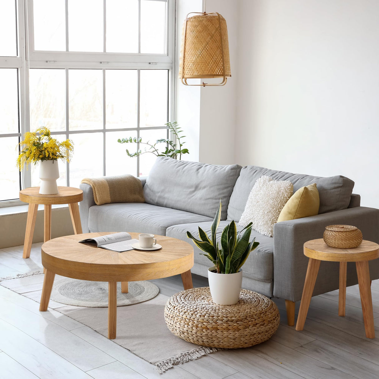 HOKYHOKY Farmhouse Round Coffee Table Set of 3, Boho Sofa Side Nesting Tables End Table Set with Wood Natural Finish for Living Room, Bedroom, Home Office,Natural HOKYHOKY