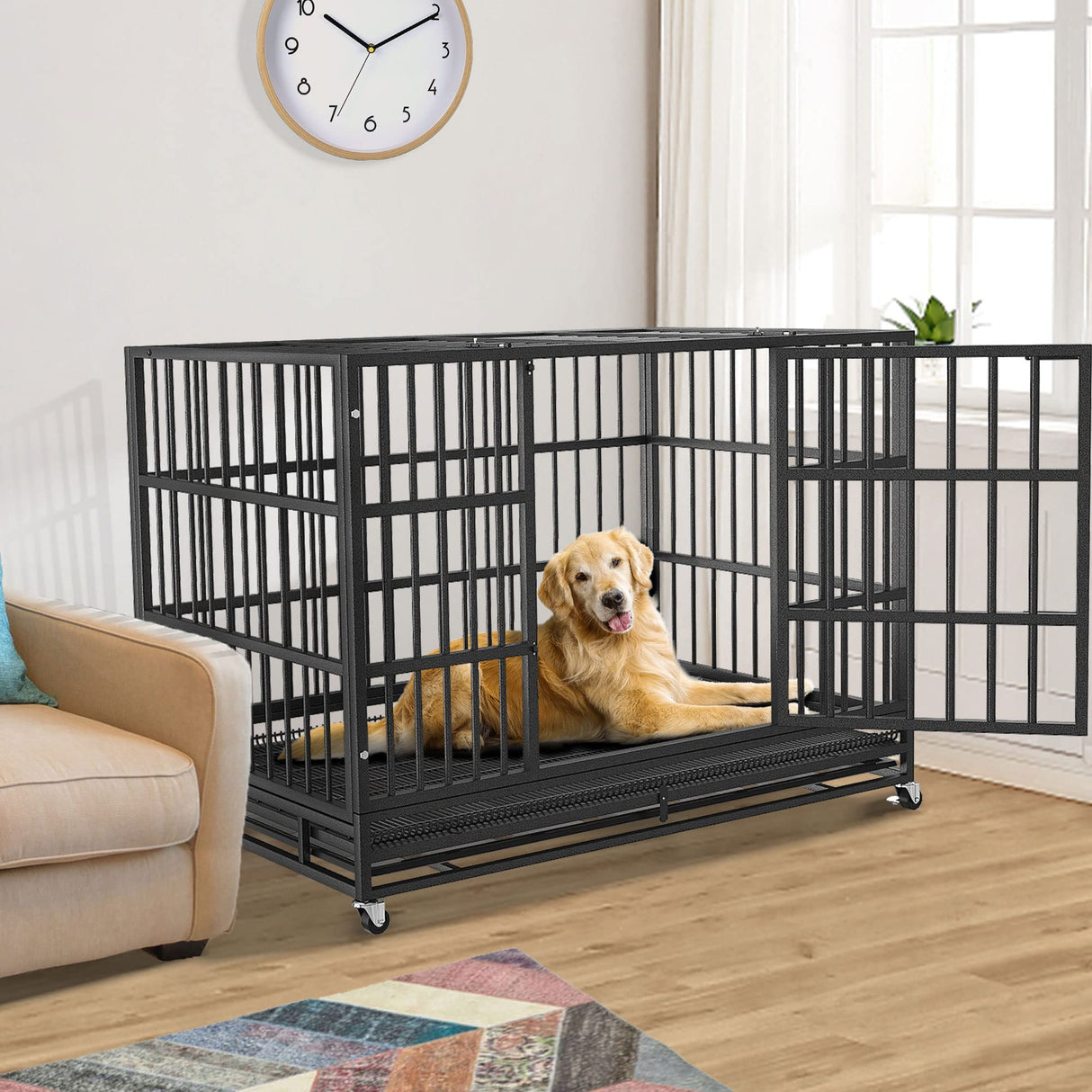 BOLDBONE 54/48/42/38 inch Heavy Duty Indestructible and Escape-Proof Dog Crate Cage Kennel for Large Dogs, High Anxiety Dog Crate with Removable Crate Trays, Wheels and Double Door, Extra Large XL XXL BOLDBONE