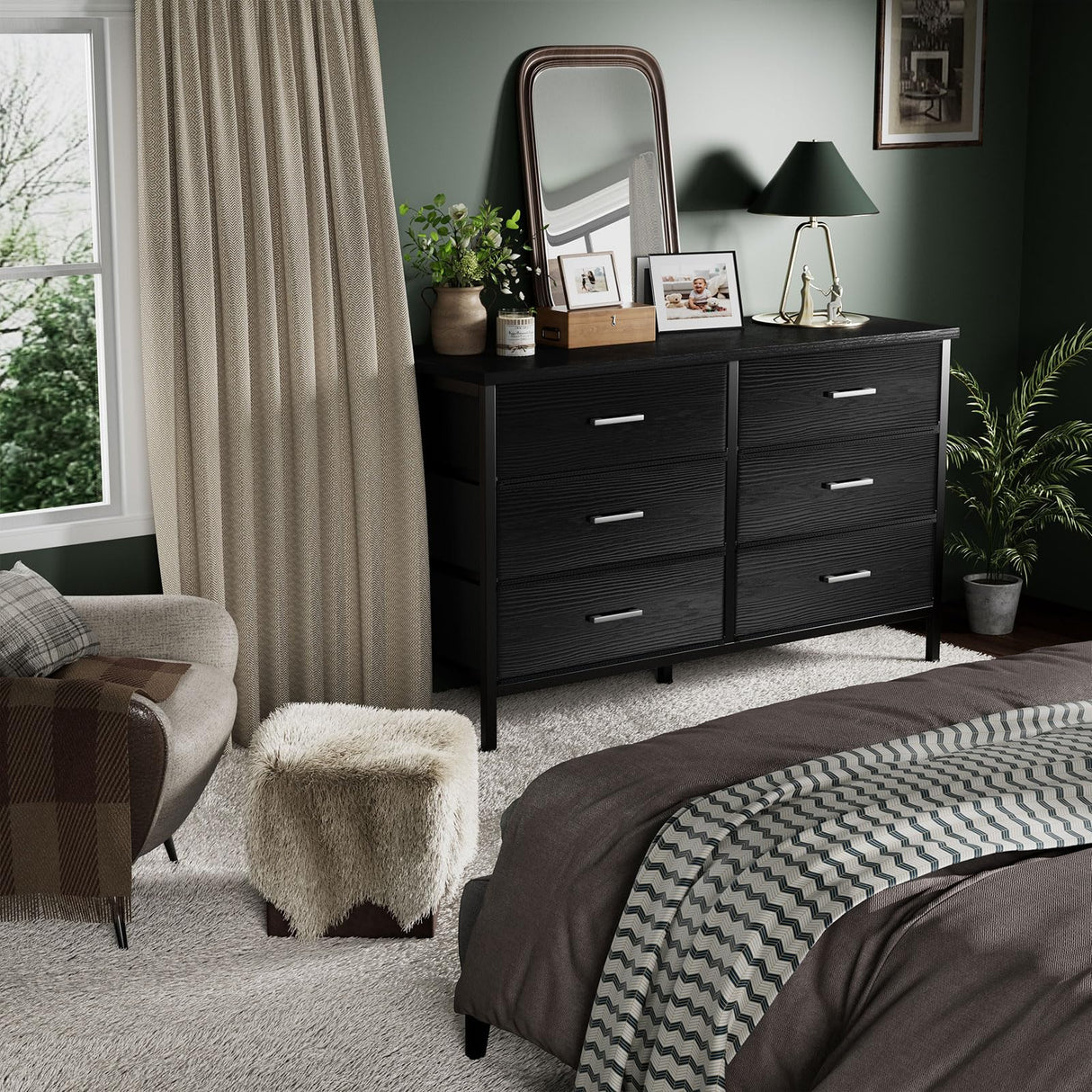 BOLUO Wide Black Dresser for Bedroom 6 Drawer, Dresser TV Stand for 60" TV Dressers & Chests of Drawers Fabric for Closet Modern BOLUO