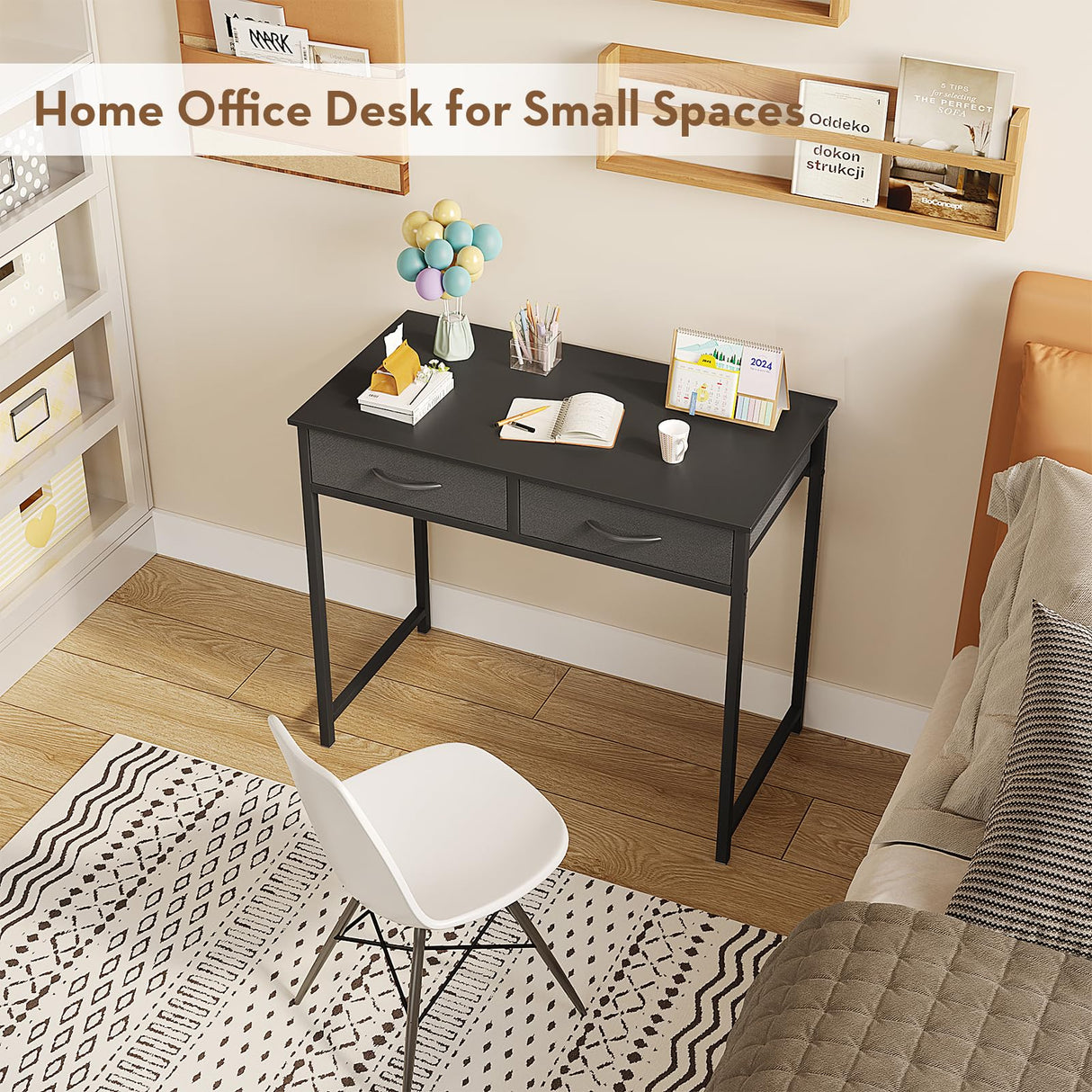 WOHOMO Small Computer Desk with Drawers, 31.5 Inch Black Vanity Desk with Storage, Home Office Computer Desk for Small Spaces, Modern Work Writing Study Table, Black WOHOMO