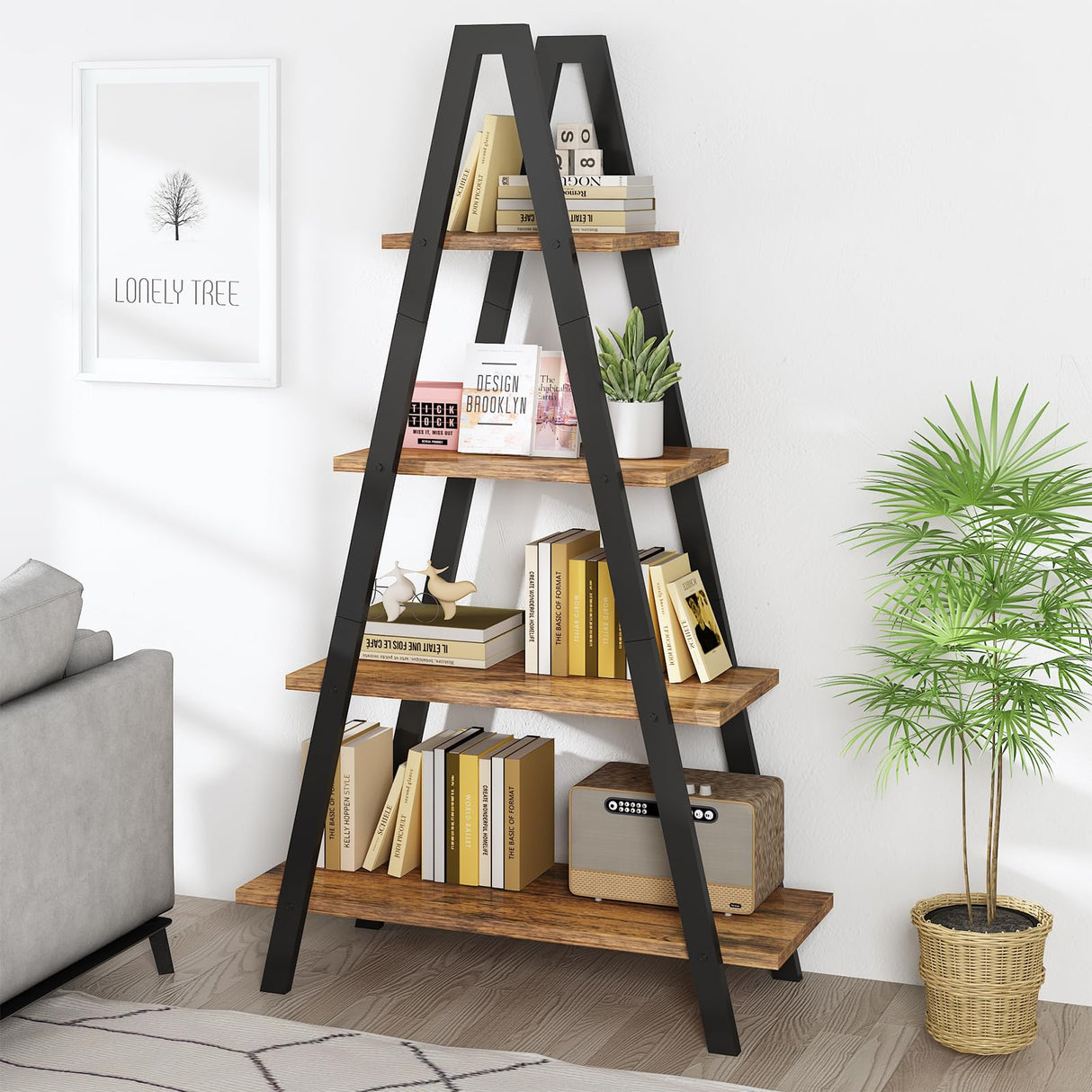 4-Tier Industrial Bookshelf with Metal Frame by Recaceik - For Home Office and Living Room Recaceik