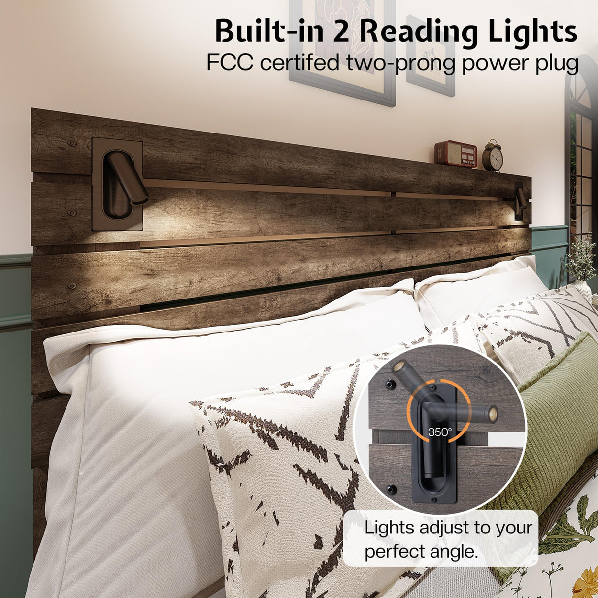 Jocisland King Size Farmhouse Bed Frame, 51" Headboard, LED Reading Lights, Rustic Wood Look, No Box Spring Needed, Rustic Gray Jocisland