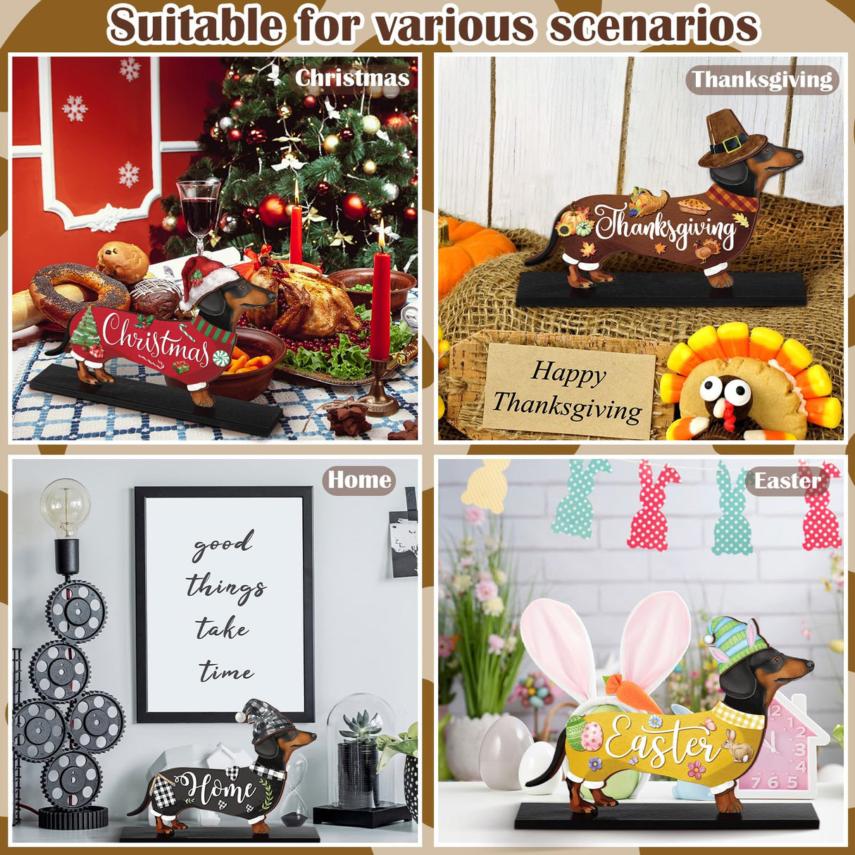 Anglechic 42 Pcs Interchangeable Christmas Dachshund Decor Holiday Seasonal Sign Wiener Dog Thanksgiving Tier Tray Decoration Farmhouse Wood Home Office Desk Accessory Welcome Ornament Pet Lover Gift Anglechic