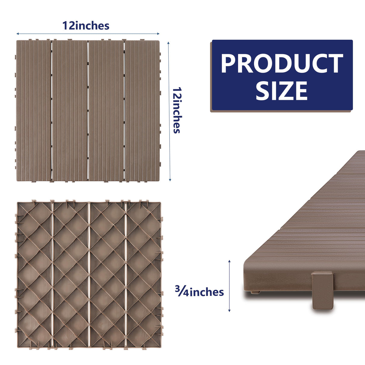 skillmaid 72 PCS Plastic Interlocking Deck Tiles - 12" x 12" Waterproof Indoor Outdoor Flooring All Weather Use, Patio Floor Decking for Porch Poolside Backyard Balcony, Brown skillmaid