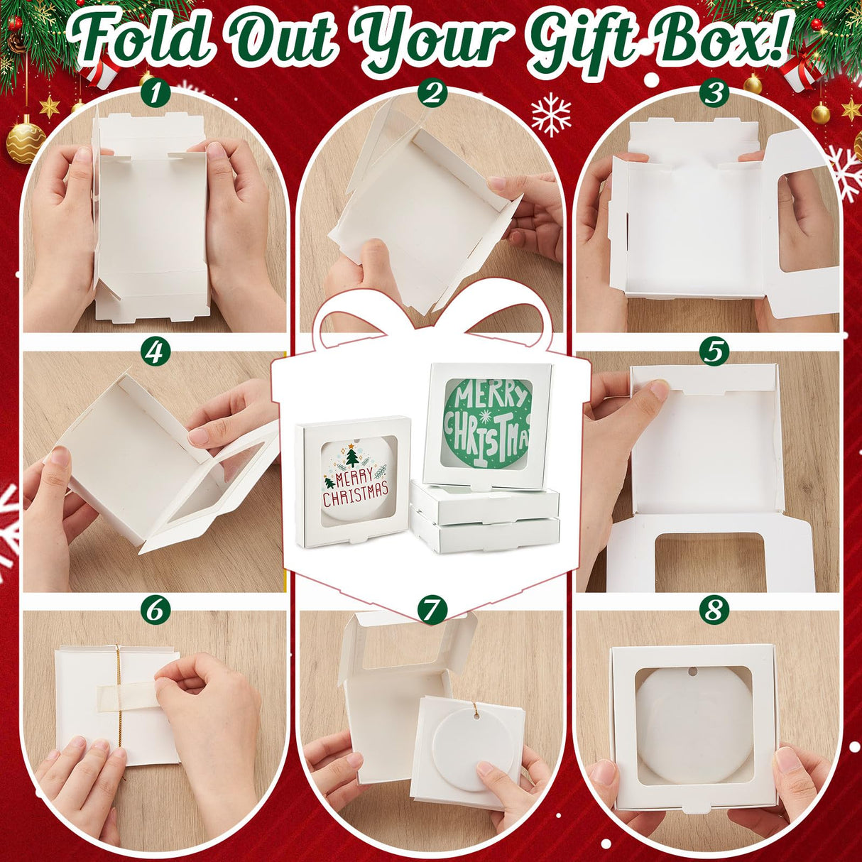 Dunzoom 12 Pcs Sublimation Ceramic Ornament Blanks with 12 Pcs Gift Box 2.9 Christmas Ornaments Ceramic Discs Ornaments Bulk Packaging Box with Window for Personalized Xmas Tree Heat Press Printing Dunzoom