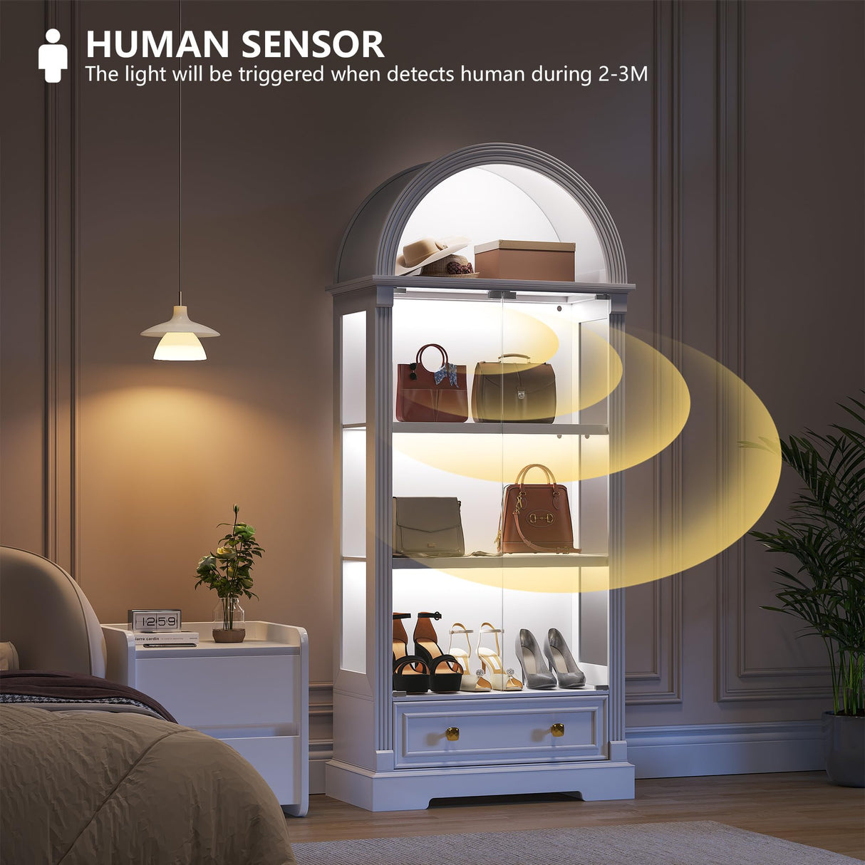 Lighted Display Cabinet with Glass Doors, 72" Tall Curio Cabinet - 4 Tier Display Case with Human Sensor Lights, Bookcase for Collectibles Toys Books, White Dystler