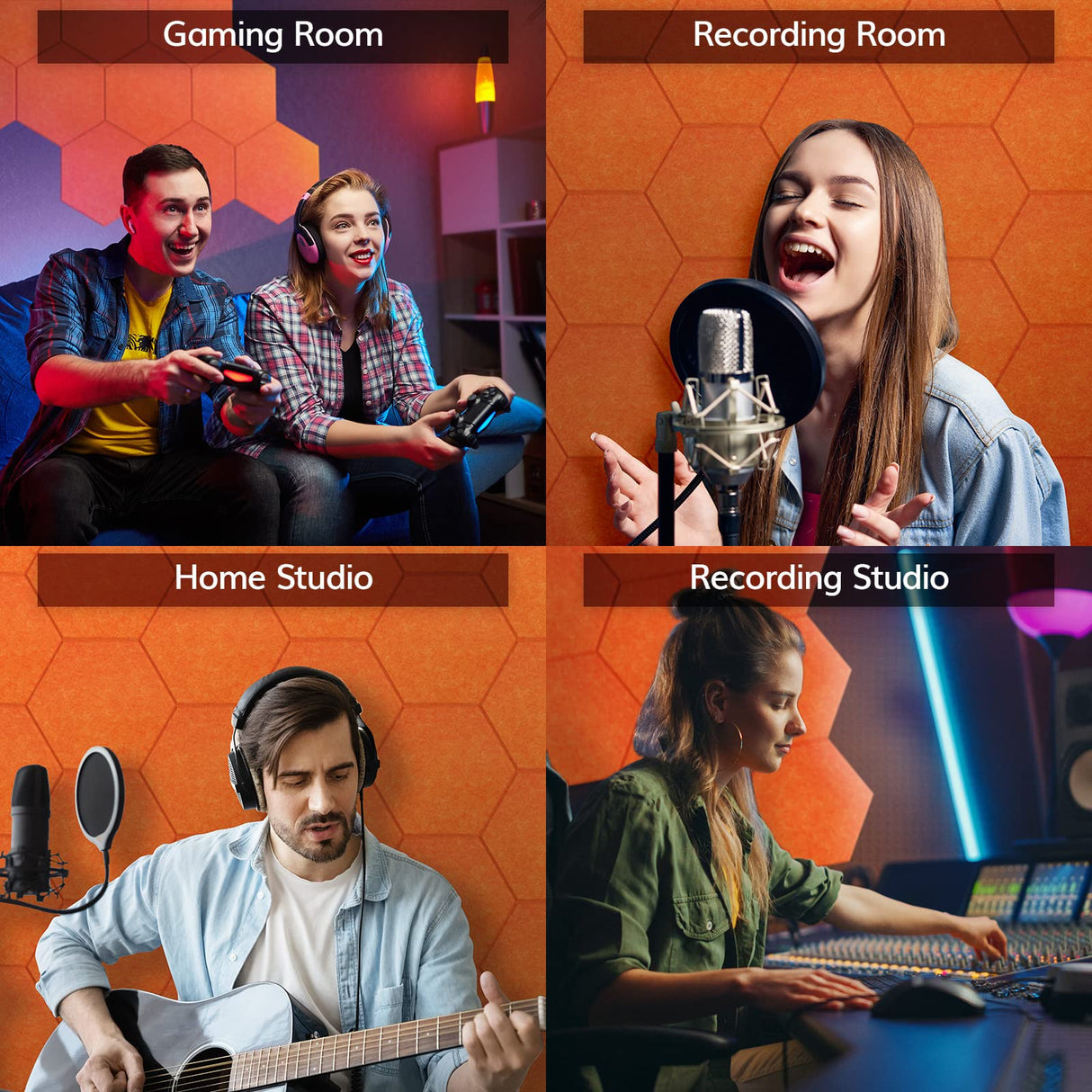 Self-adhesive Hexagon Acoustic Panels 12 Pack, TONOR 12"x 10"x 0.4" High Density Sound Proof Panels Tiles for Walls, Absorbing Noise and Eliminating Echoes Acoustic Foam for Home Studio Orange TONOR