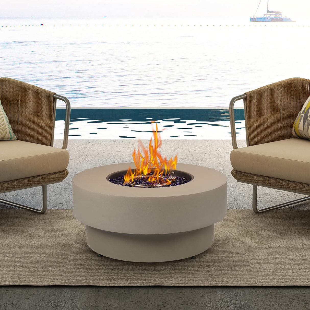 BAIDE Home Propane Outdoor Fire Pit Table, Flint & Concrete Look 33-inch Round Patio Gas Fire Table 50,000 BTU w/Lid, Fire Glass, Heavy Duty Rain Cover, Pre-Attached 10ft Propane Hose BAIDE HOME