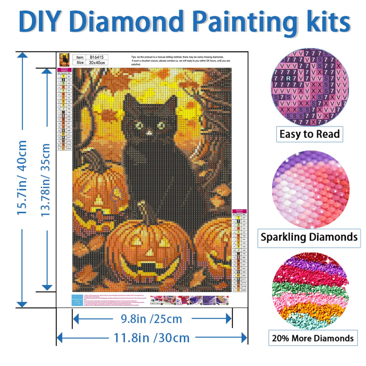 NWQZBYHT Halloween Diamond Art Kits for Adults, Cat Pumpkin 5D Diamond Painting Kits for Beginner,Round Full Drill Gem Art for Adults,DIY Diamond Dots Painting Crafts Home Wall Decor 12x16 Inch NWQZBYHT