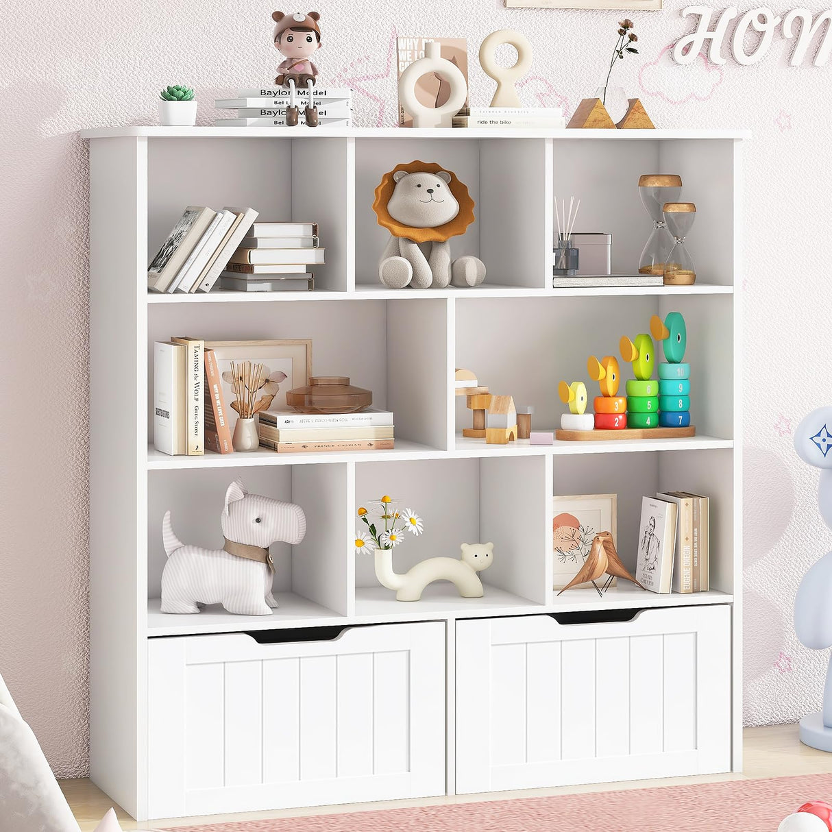 Befrases Toy Storage Organizer with Bookshelf, Large Toy Organizers and 2 Movable Drawers with Hidden Wheels and 8 Storage Cubbies, Kids Bookshelf and Toy Storage Chest, Playroom Furniture, White Befrases
