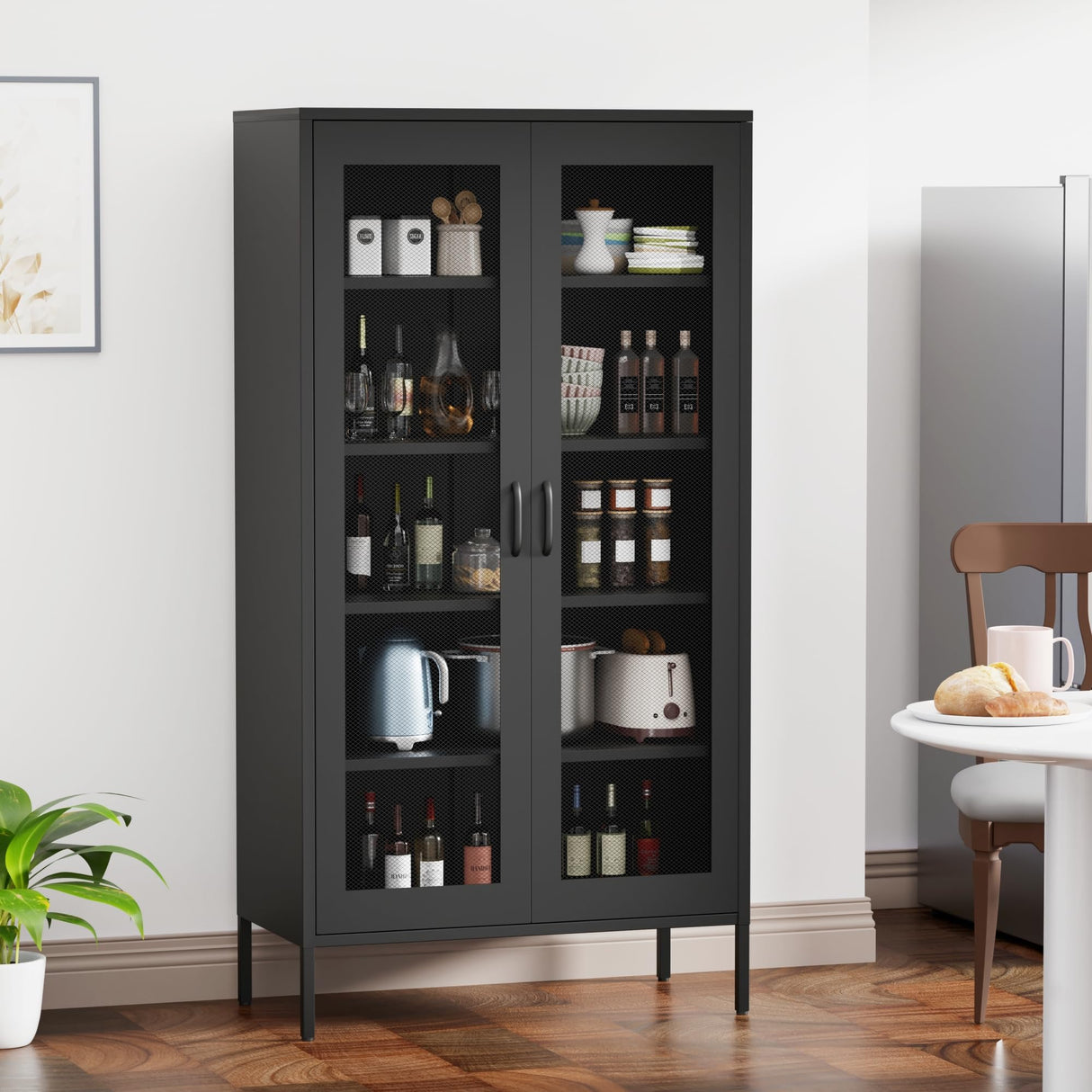 COFaR Metal Mesh Cabinet with 2 Mesh Doors and Adjustable Shelves, Versatile Storage for Kitchen, Laundry Room, Living Room, Office, Curio Display (72" Black) COFaR