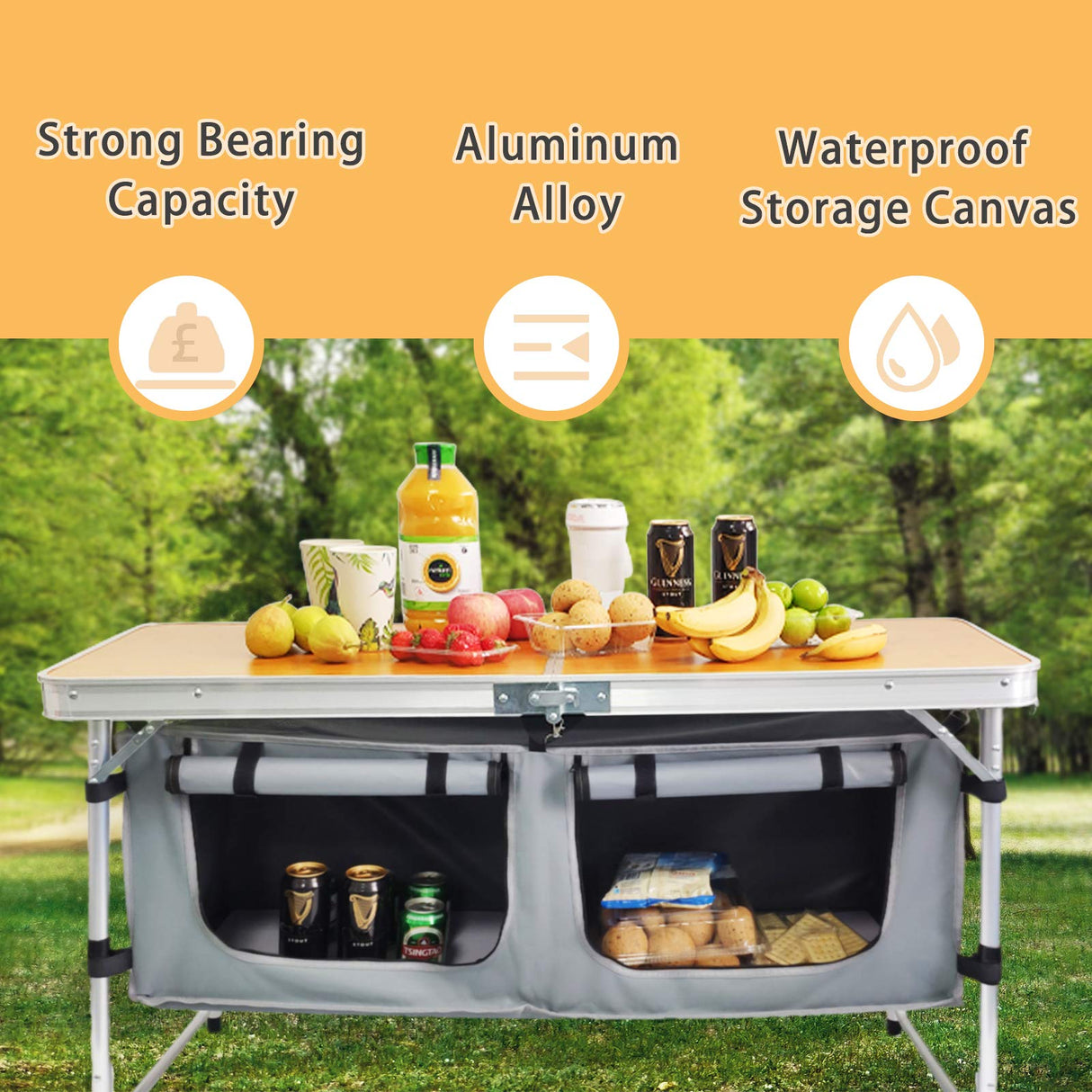 CampLand Outdoor Folding CampingTable with Aluminum Lightweight Height Adjustable with Storage Organizer Picnic Table for BBQ, Party, Camping(BAMBOO) CampLand