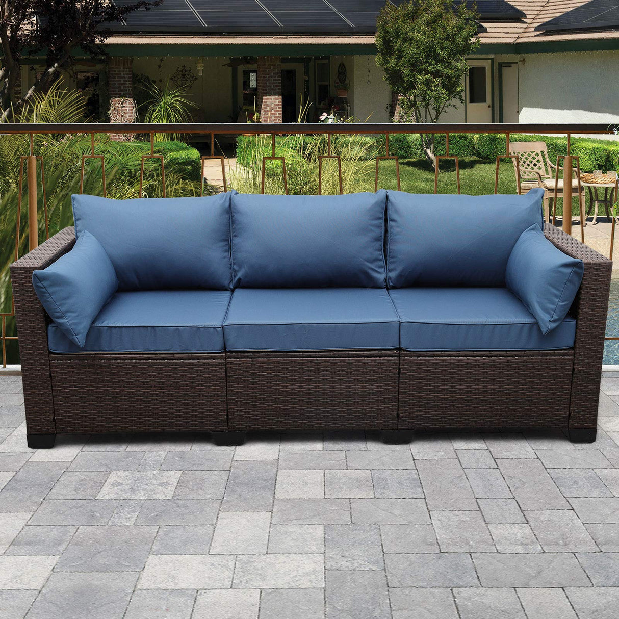 Rattaner 3-Seat Patio Wicker Sofa, Outdoor Rattan Couch Furniture Steel Frame with Furniture Cover and Deep Seat High Back, Blue Anti-Slip Cushion. Rattaner