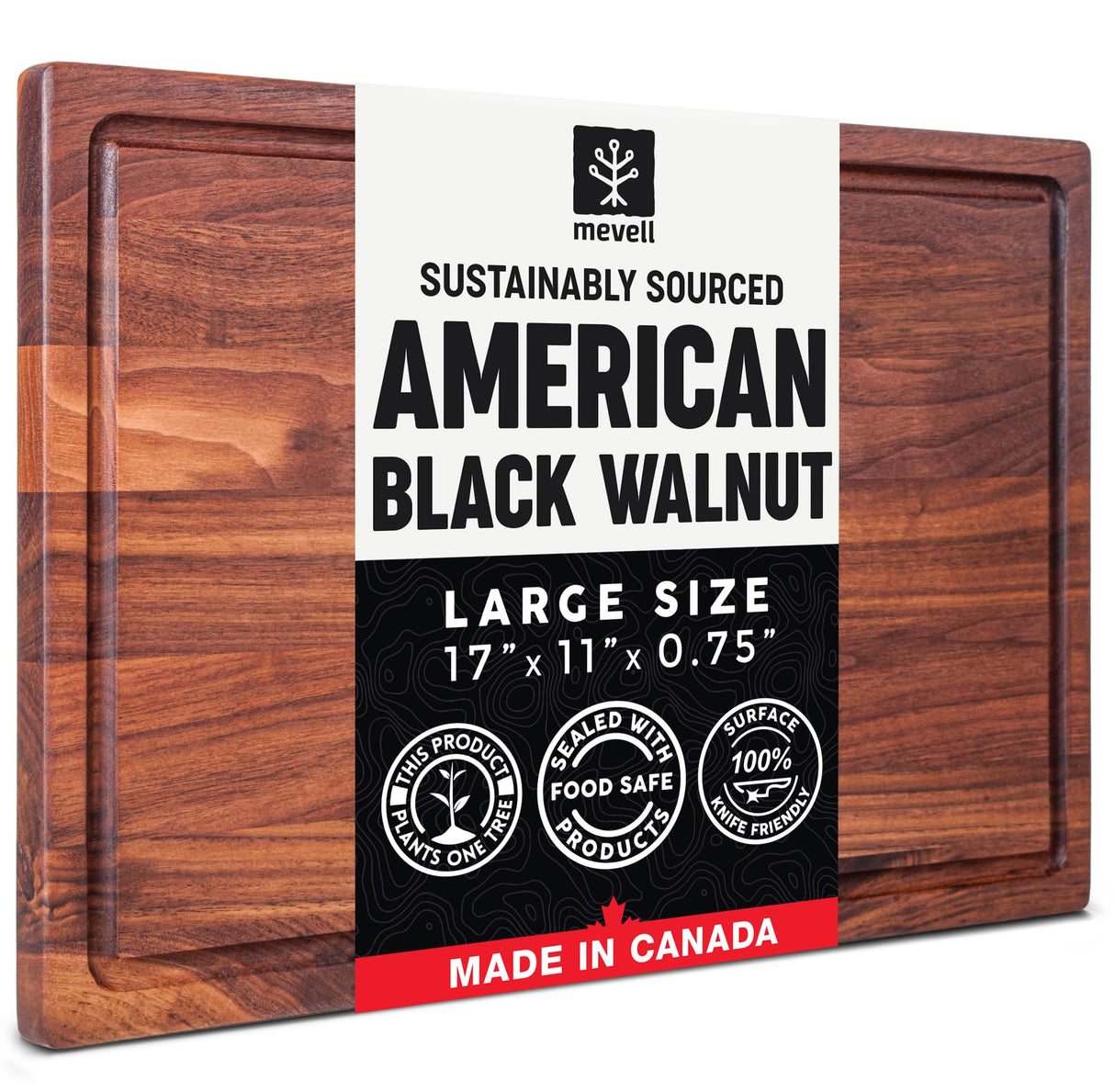 Mevell Walnut Wood Cutting Board for Kitchen, Reversible Wooden Chopping Board With Juice Grooves, Made in Canada (Walnut, 17x11x0.75) Mevell