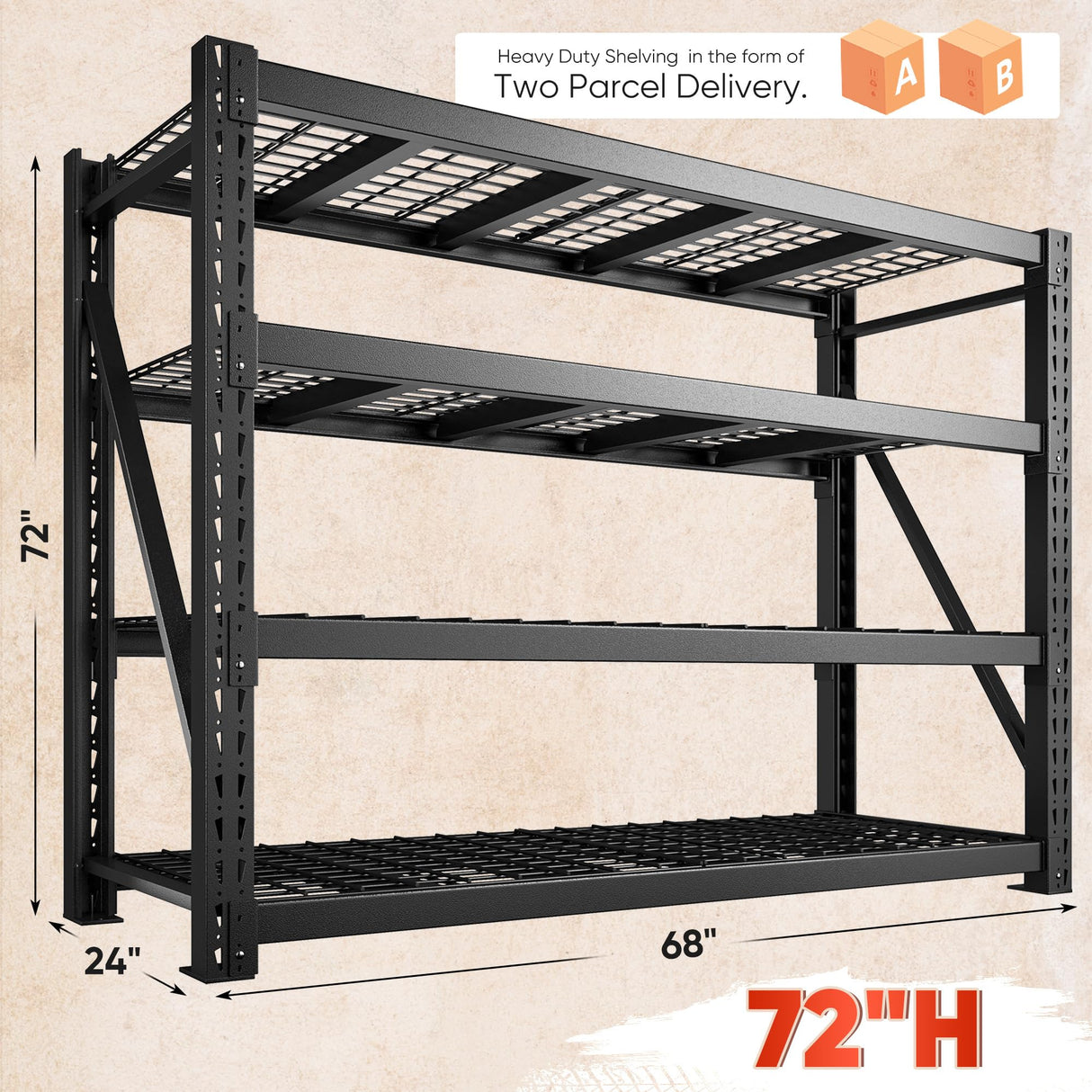 Bepatio 9400LBS Garage Shelving 67.6W Storage Shelves Adjustable Metal Shelving 4 Tier Garage Storage Shelves Utility Shelf for Warehouse Basement Shop, Black 67.6''Wx23.7''Dx72''H, 2PCS Bepatio