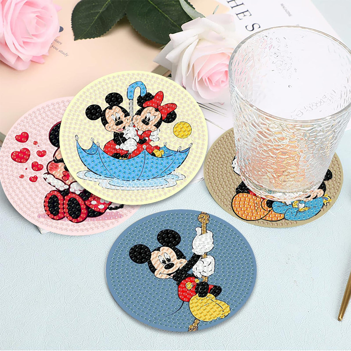 nekpiahu 8Pcs Diamond Painting Coasters with Holder,DIY Cartoon Life Coaster Diamond Art Kits for Adults Kids,Beginners Round Full Drill Diamond Art Craft Supplies nekpiahu