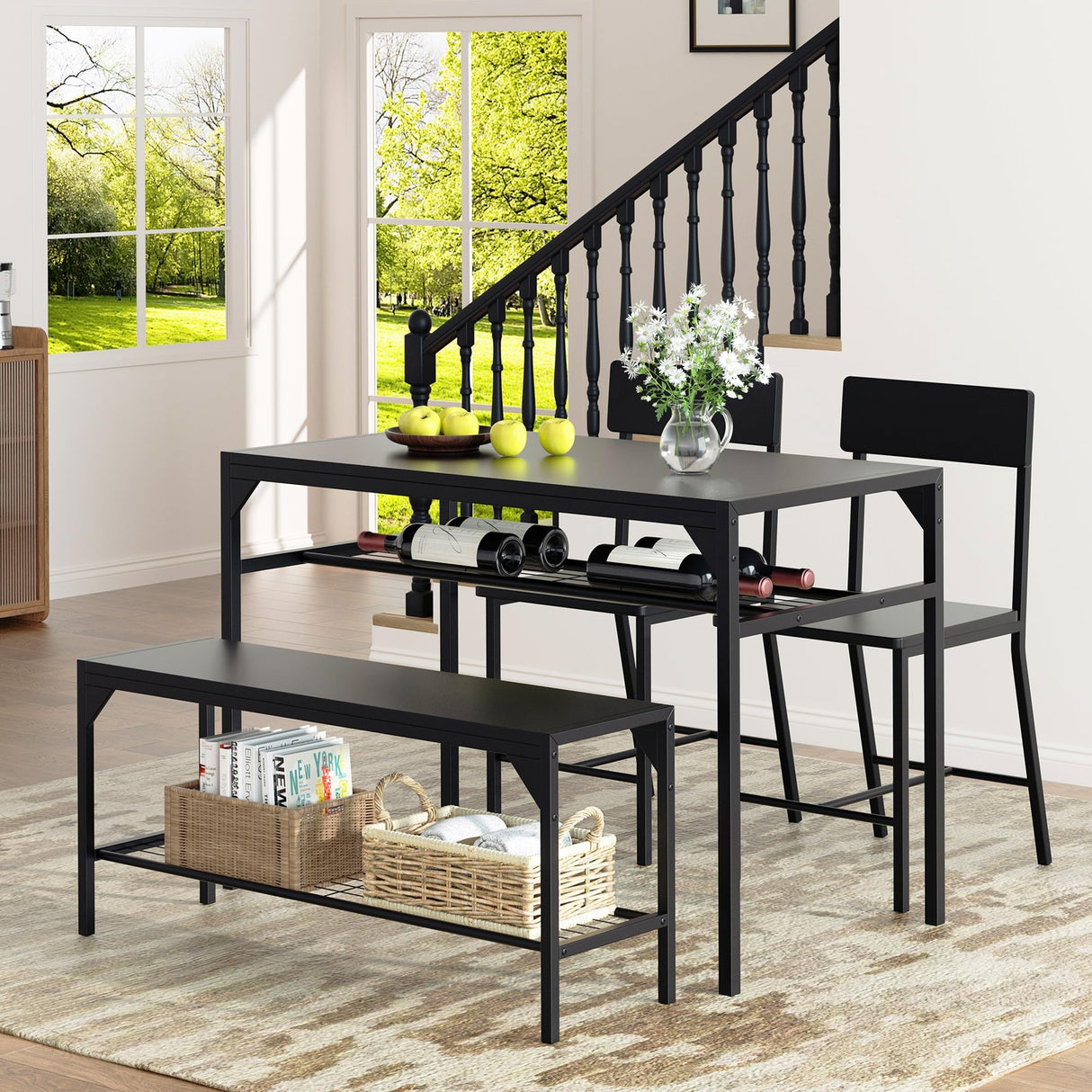 Shintenchi Kitchen Table Chairs Set of 4, Dining Table Set for 4 with Bench and Chairs, 4 Pieces Kitchen Table Set with Storage Rack & Metal Frame for Small Space, Black Shintenchi