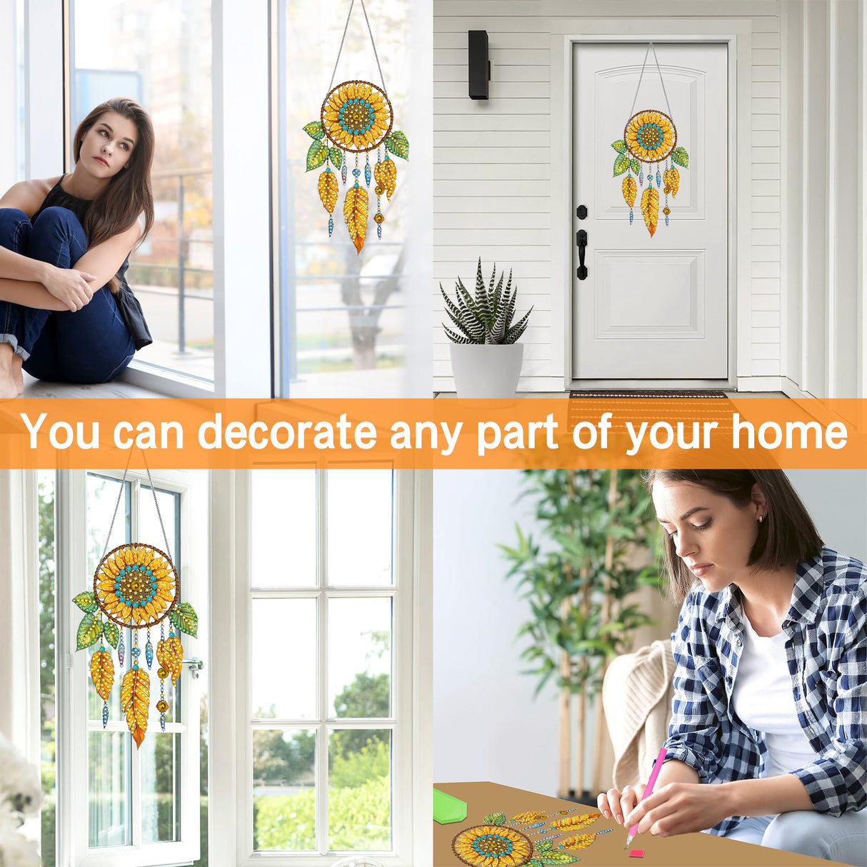 Ginfonr Diamond Painting Kits Hanging Pendant, Dreamcatcher Summer Decor for Porch, Flower Sun Catcher for Front Door Sign, Double Sided Home Hanging Kits for Garden Wall Window (8 x 8inch) Ginfonr