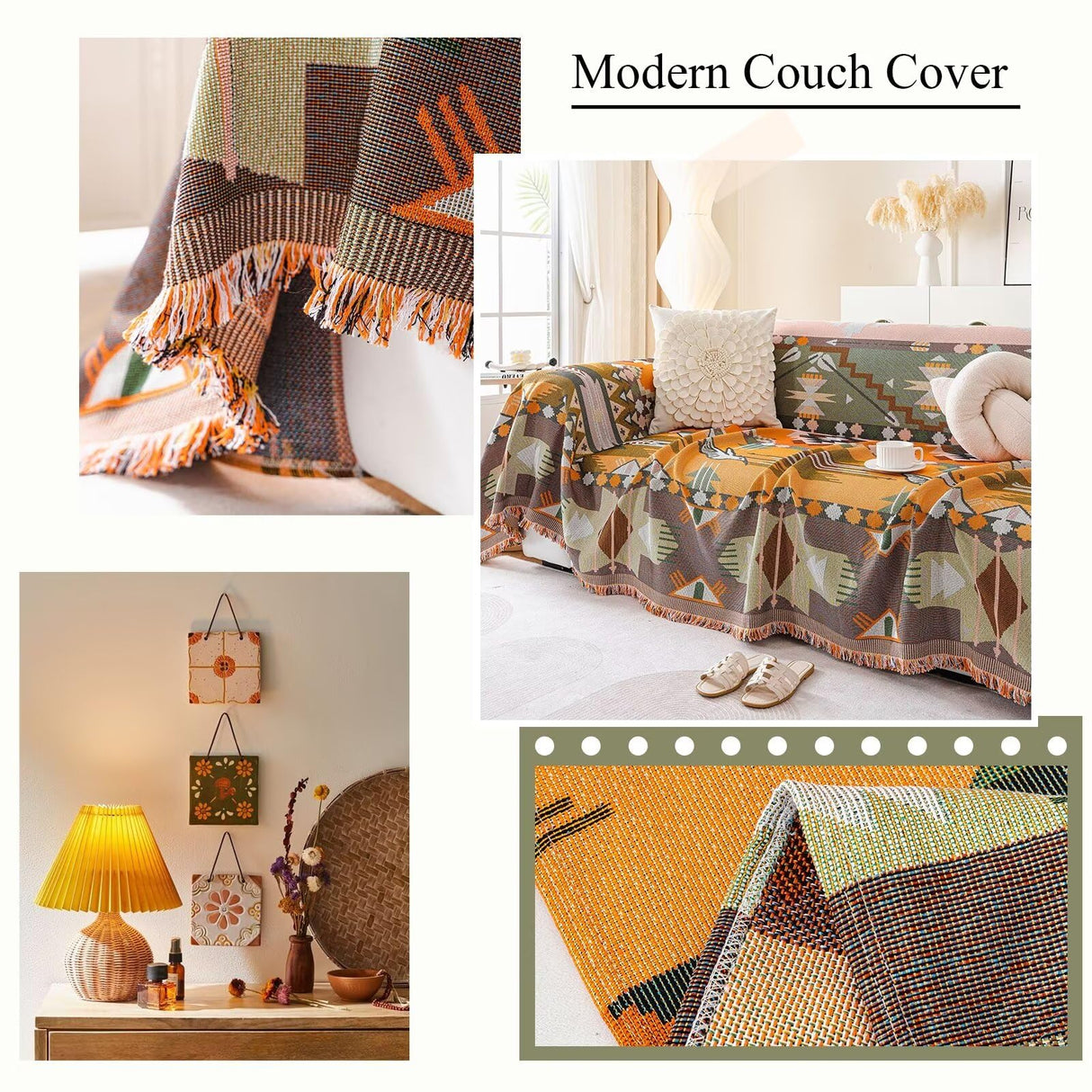 VClife Boho Sofa Covers, Sectional Couch Covers Breathable Cotton Linen Sofa Slipcover Washable Green Orange Geometry Sofa Couch Covers for L Shape Sofa - Farmhouse Sofa Covers with Tassel 71"x118" VClife