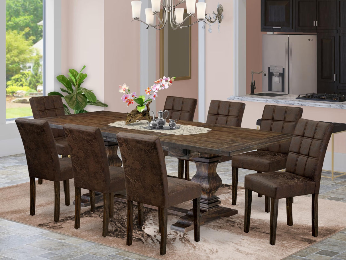 East West Furniture LAAS9-07-T25 9 Piece Table Set Consists A Wood Dining Table and 8 Black Textured Polyester Fabric Parson Dining Chairs, Distressed Jacobean East West Furniture