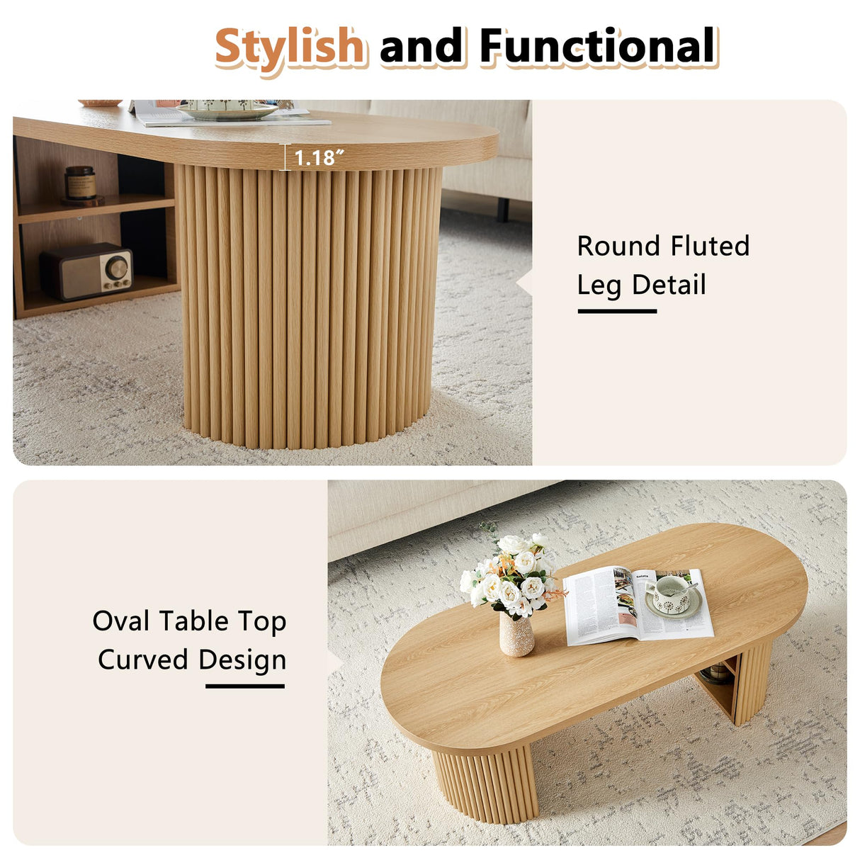 Oval Fluted Coffee Table, 47" Farmhouse Wood Coffee Table Mid Century Modern Center Table Boho Living Room Tables for Living Room Office,Natural