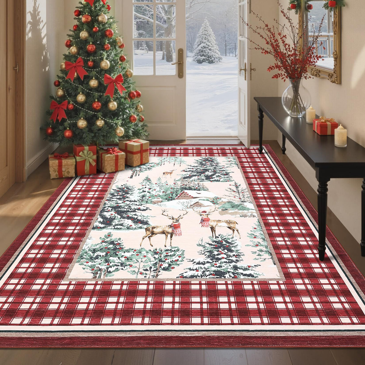 GarveeHome Christmas Washable Rug for Living Room, 6x9 Holiday Decor Area Rug for Bedroom Soft Low Pile Christmas Tree and Deer Rug Non Slip Throw Large Carpet for Dining Room Nursery, Red GarveeHome