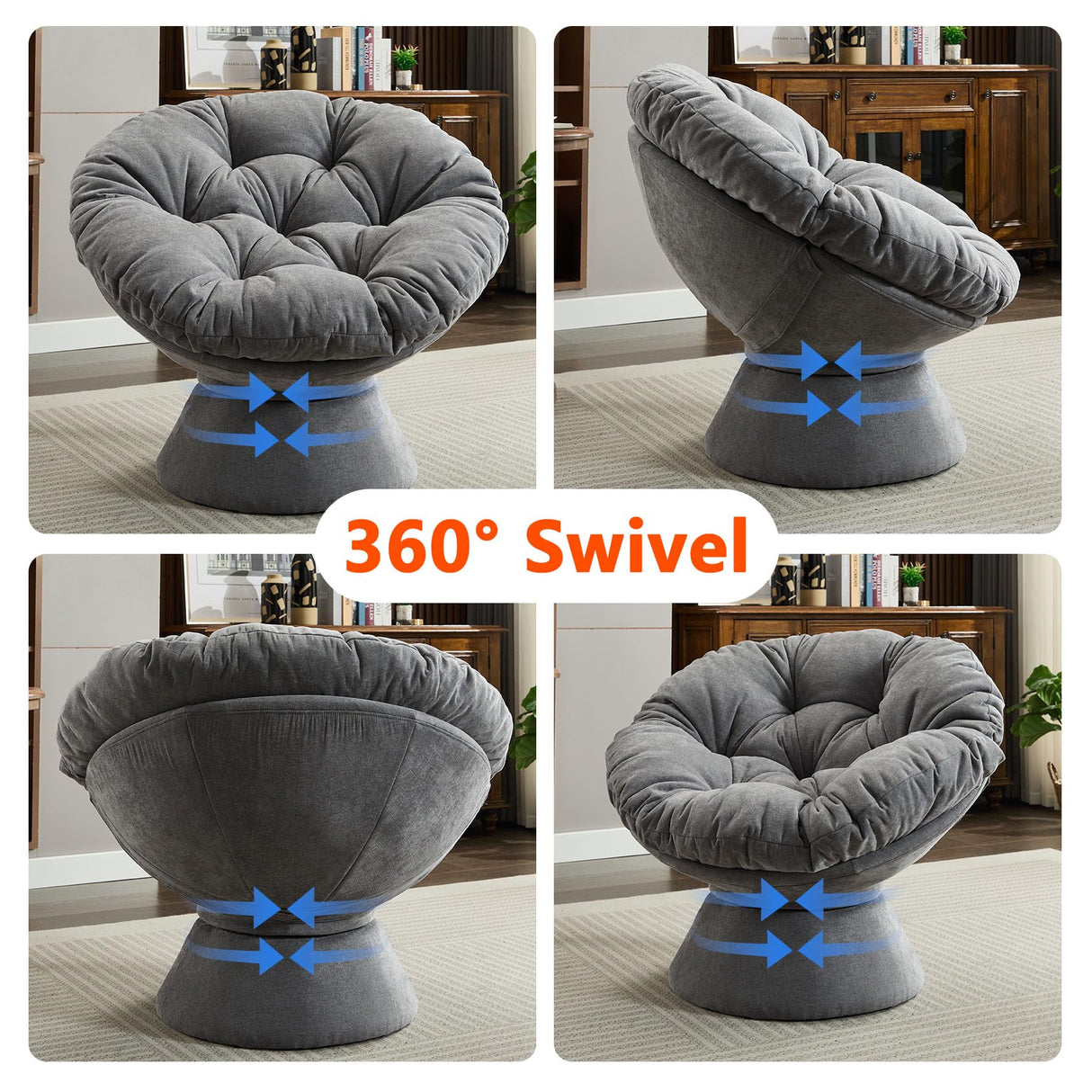 Nahenduo Modern Oversized Chenille Papasan Chair, 360° Swivel Chair with Thick Cushion, Comfortable Lounge Accent Chair for Living Room, Bedroom, Reading Nook (Dark Grey) Nahenduo