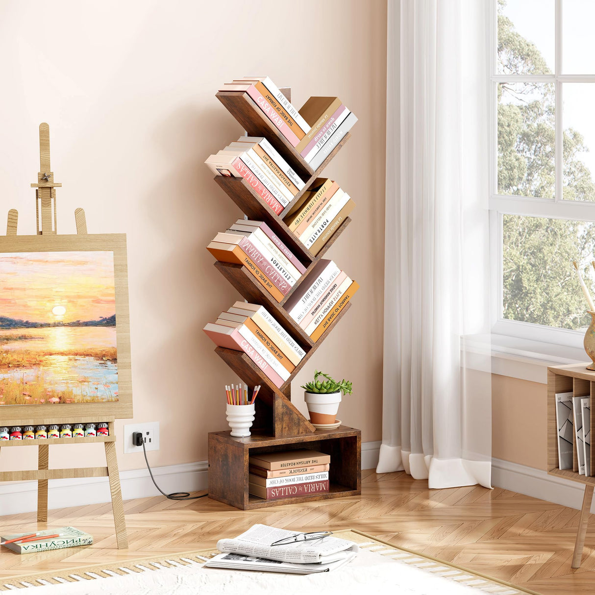 Hoctieon 6 Tier Tree Bookshelf, Tall Bookcase, Freestanding Book Shelf with LED Lights, Display Floor Standing Storage Shelf, Book Organizer Shelves for Home Office, Living Room, Rustic Brown Hoctieon