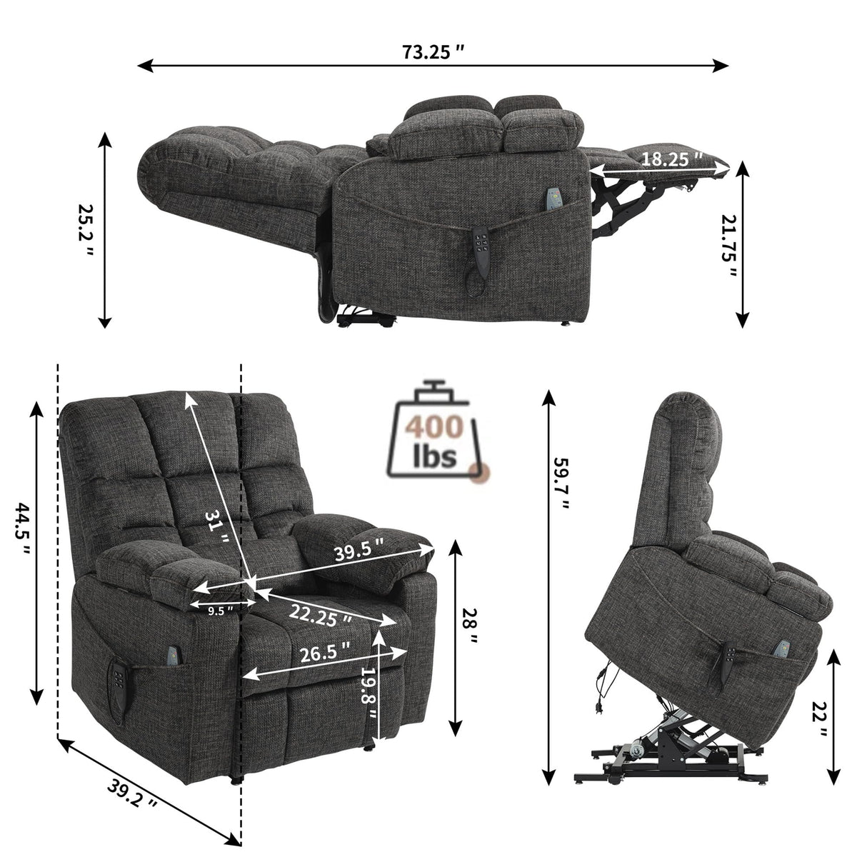REHOUSING Oversized Power Lift Recliner Big Man 400lbs, Extra Wide Recliner Chair with Lifts Vertically for Elderly, Features Cup Holder, Heat and Massage, Zero Gravity Lay Flat for Adults (Grey) REHOUSING